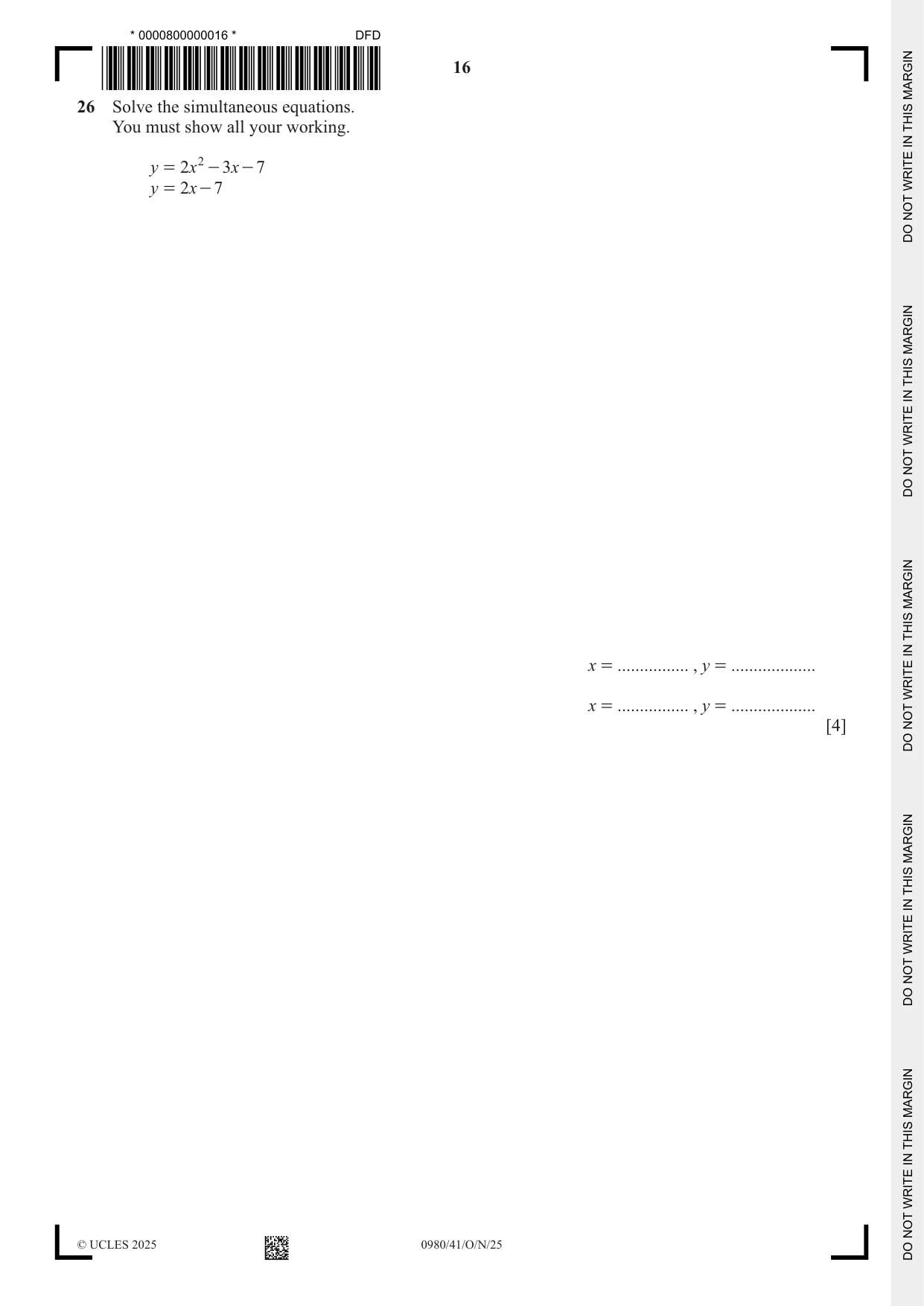 Cambridge IGCSE Mathematics (9-1) 0980 2025 Oct/Nov Paper 4 · Variant 1 question paper, page 16 of 20