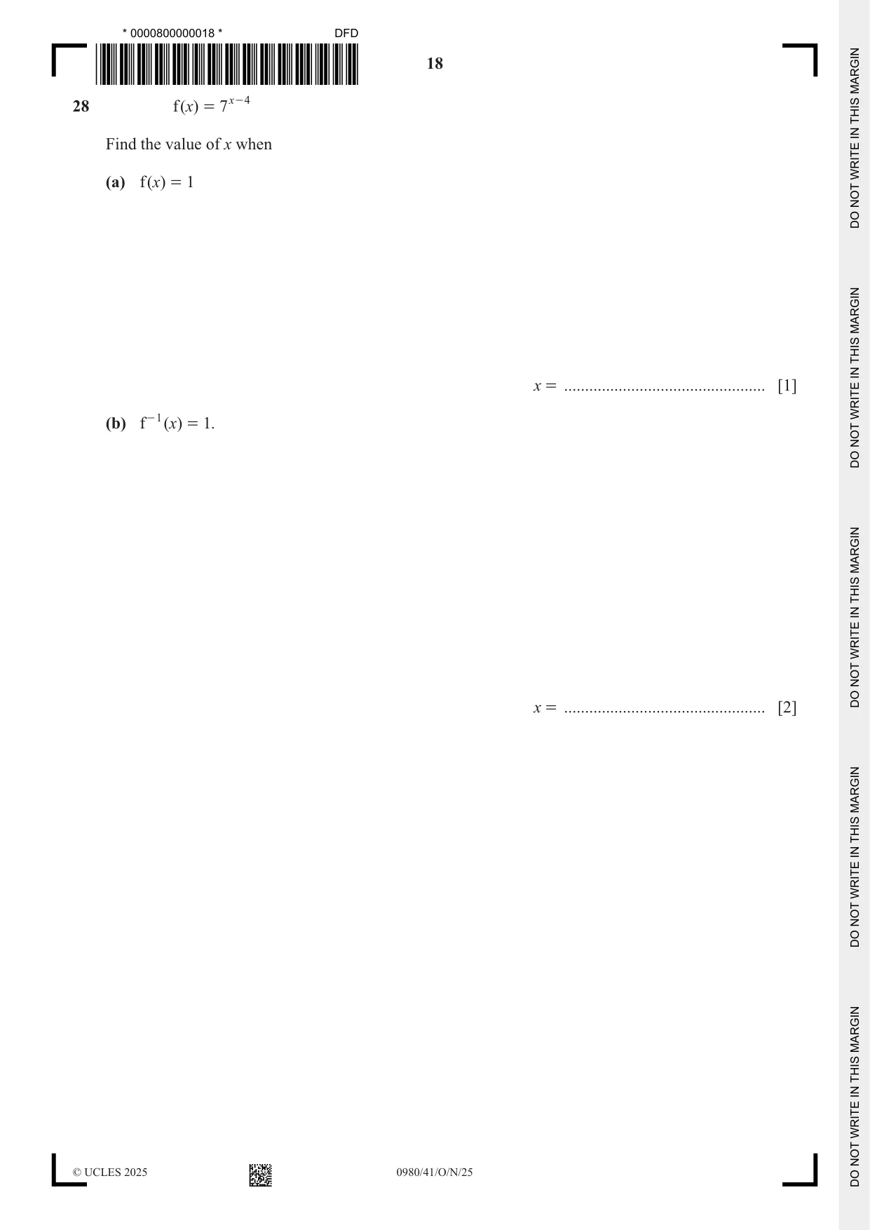 Cambridge IGCSE Mathematics (9-1) 0980 2025 Oct/Nov Paper 4 · Variant 1 question paper, page 18 of 20