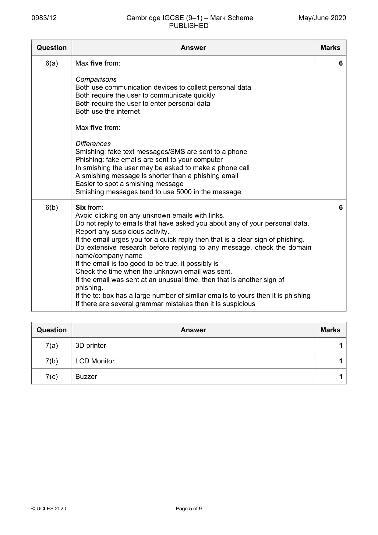 Mark scheme, page 5 of 9