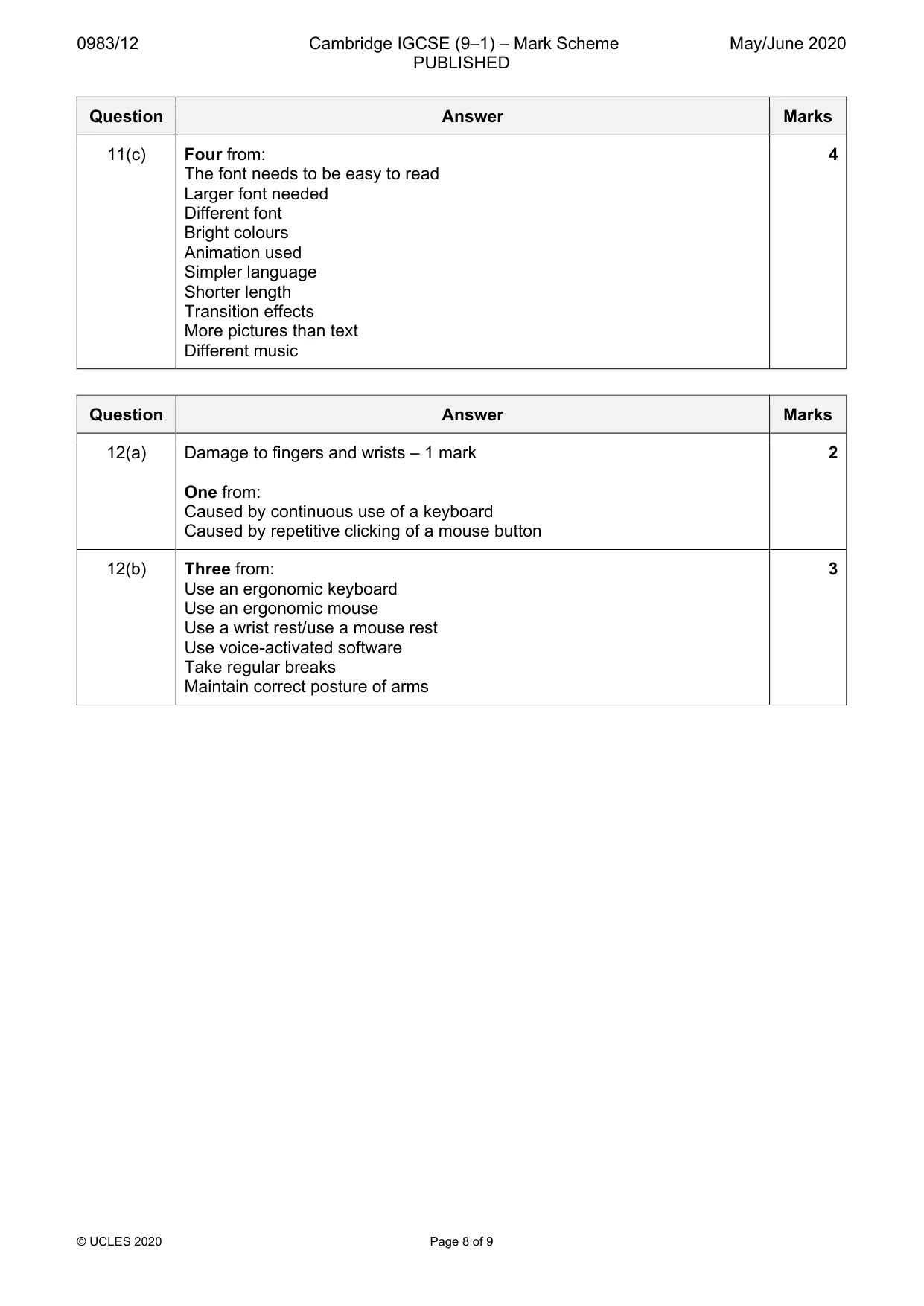 Mark scheme, page 8 of 9