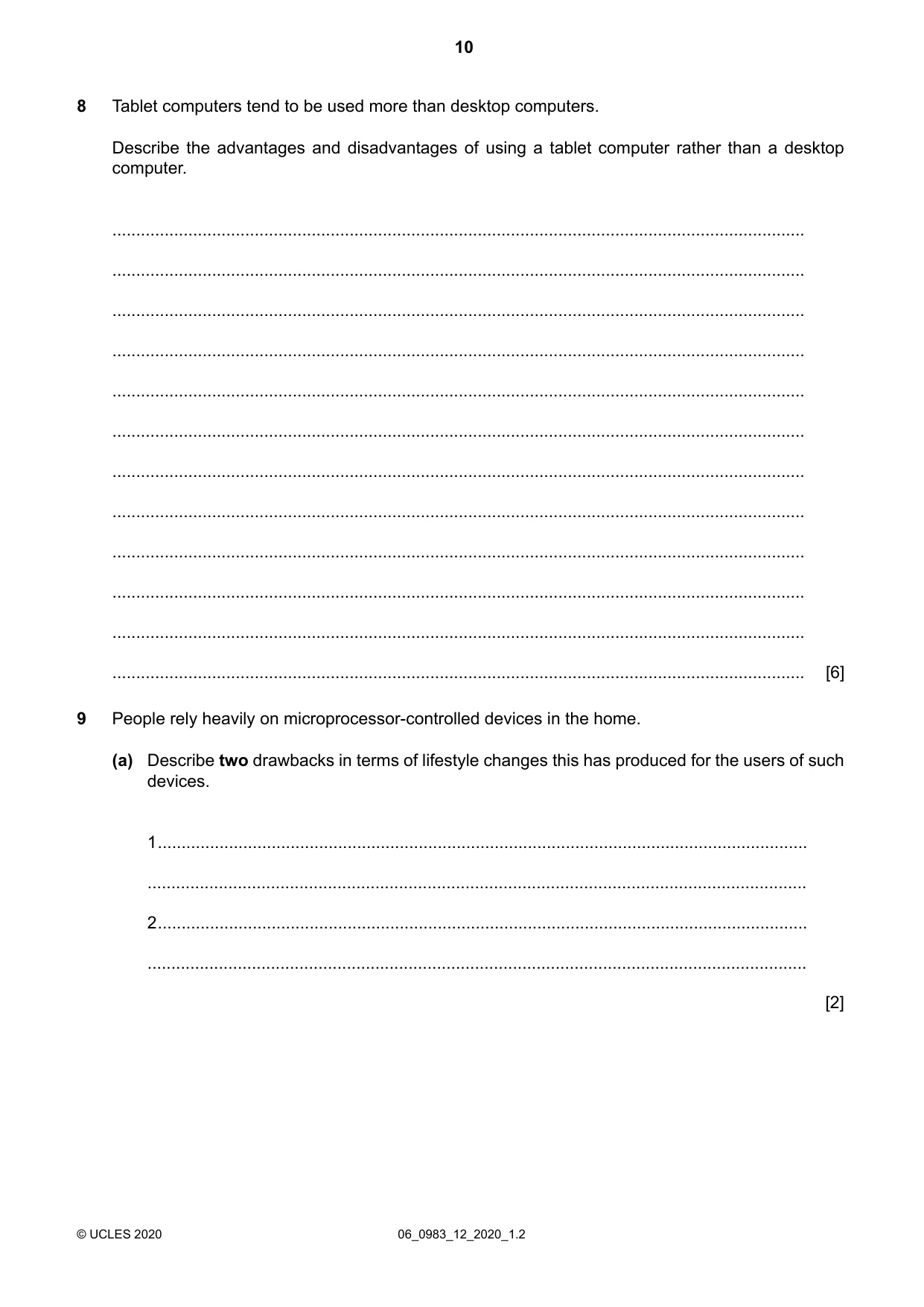 Cambridge IGCSE Information and Communication Technology (9-1) 0983 2020 May/June Paper 1 · Variant 2 question paper, page 10 of 16