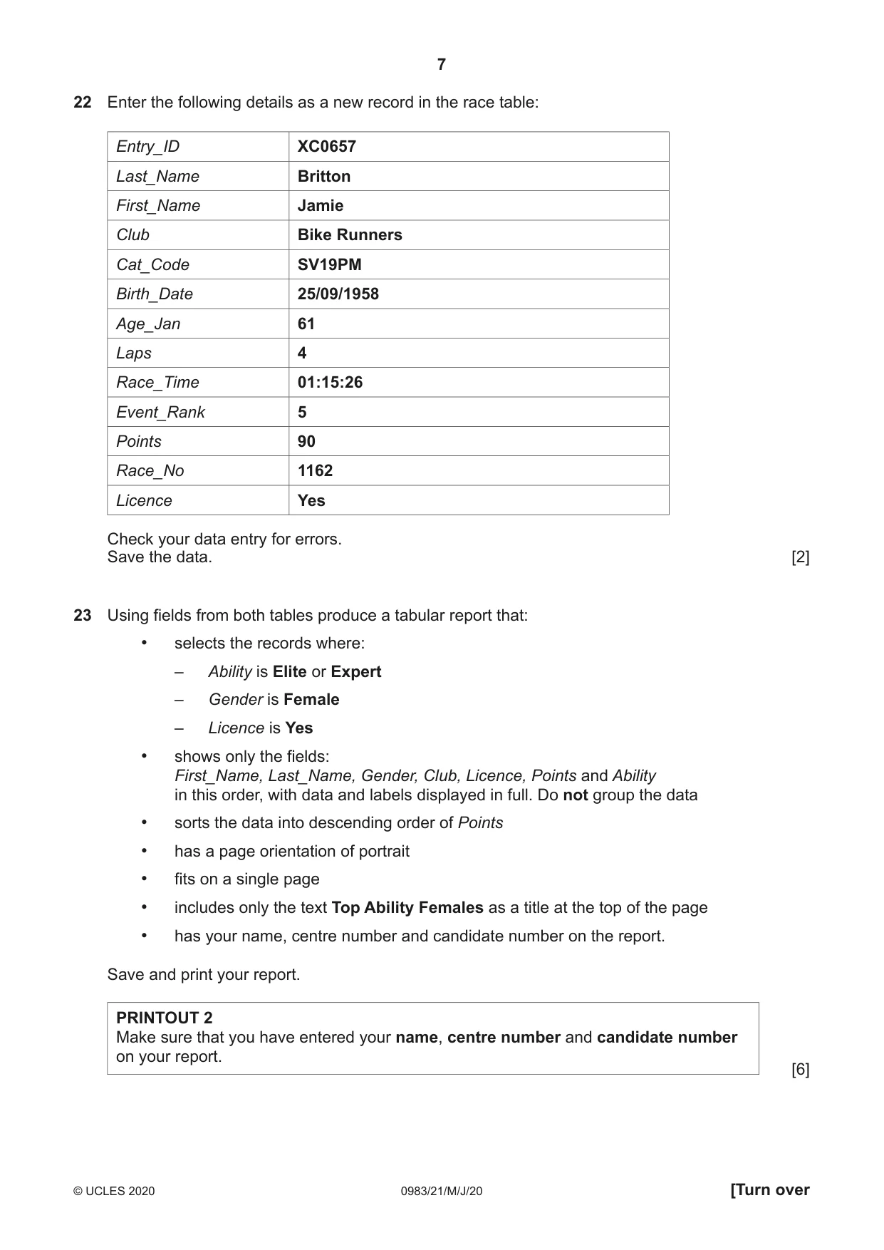 Cambridge IGCSE Information and Communication Technology (9-1) 0983 2020 May/June Paper 2 · Variant 1 question paper, page 7 of 12