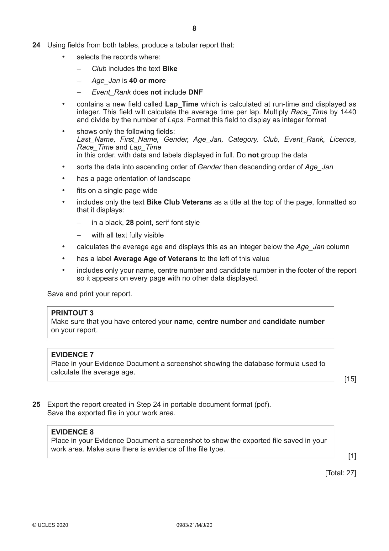 Cambridge IGCSE Information and Communication Technology (9-1) 0983 2020 May/June Paper 2 · Variant 1 question paper, page 8 of 12