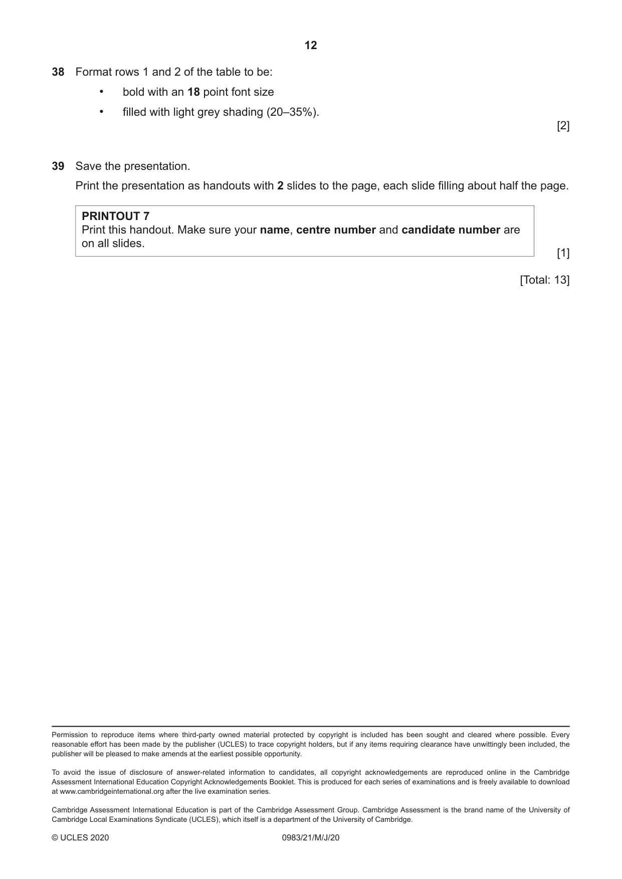 Cambridge IGCSE Information and Communication Technology (9-1) 0983 2020 May/June Paper 2 · Variant 1 question paper, page 12 of 12
