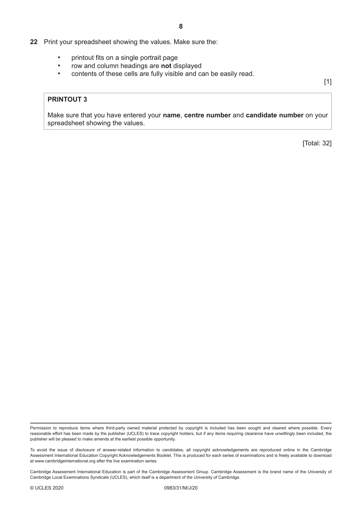 Cambridge IGCSE Information and Communication Technology (9-1) 0983 2020 May/June Paper 3 · Variant 1 question paper, page 8 of 8