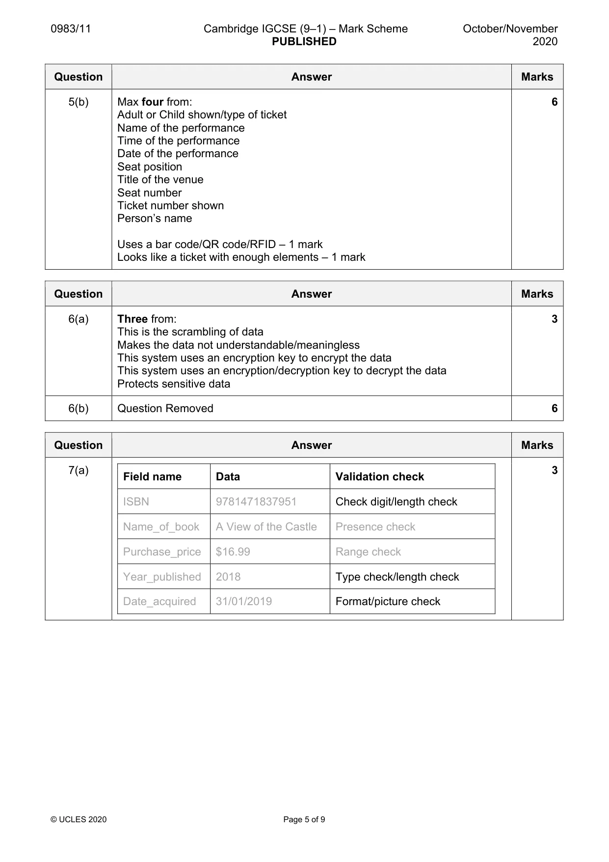 Mark scheme, page 5 of 9