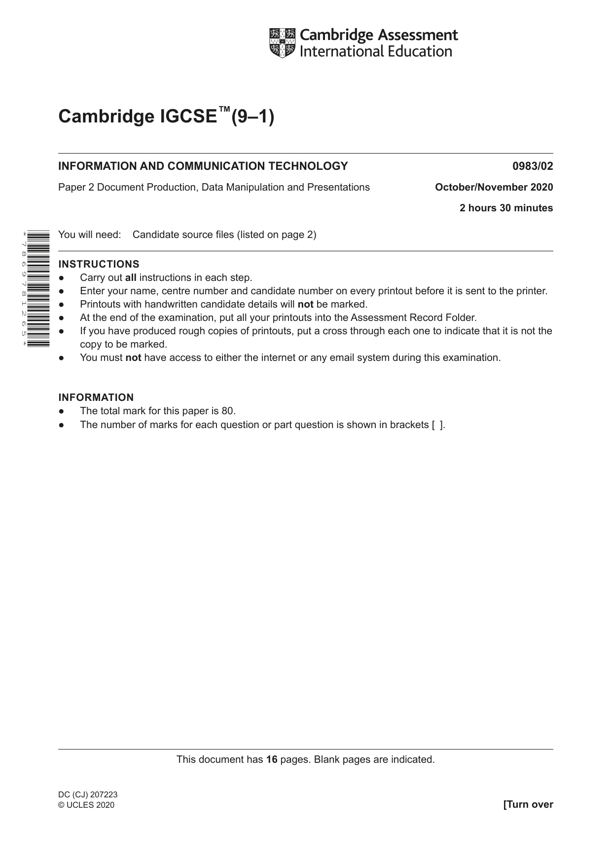 Cambridge IGCSE Information and Communication Technology (9-1) 0983 2020 Oct/Nov Paper 2 · Variant 0 question paper, page 1 of 16