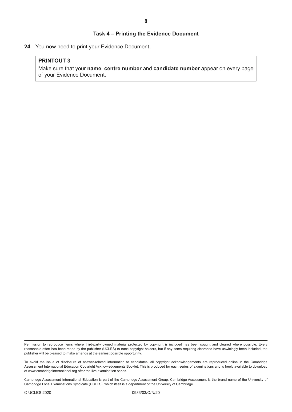 Cambridge IGCSE Information and Communication Technology (9-1) 0983 2020 Oct/Nov Paper 3 · Variant 0 question paper, page 8 of 8