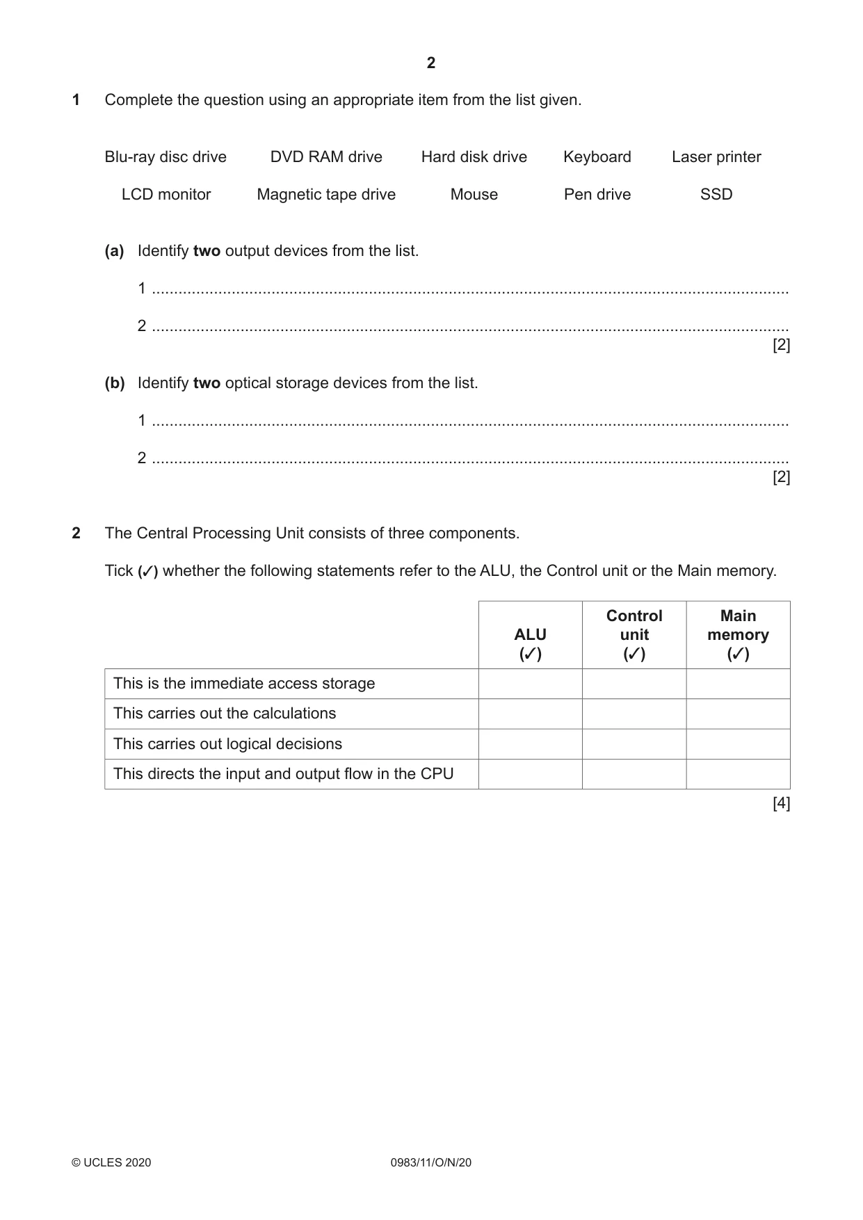 Cambridge IGCSE Information and Communication Technology (9-1) 0983 2020 Oct/Nov Paper 1 · Variant 1 question paper, page 2 of 16