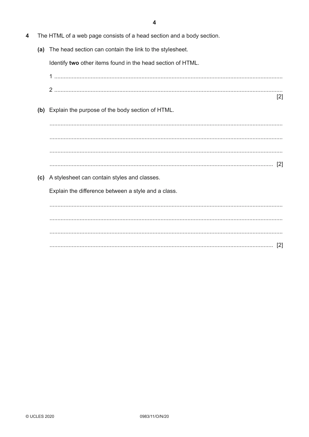 Cambridge IGCSE Information and Communication Technology (9-1) 0983 2020 Oct/Nov Paper 1 · Variant 1 question paper, page 4 of 16