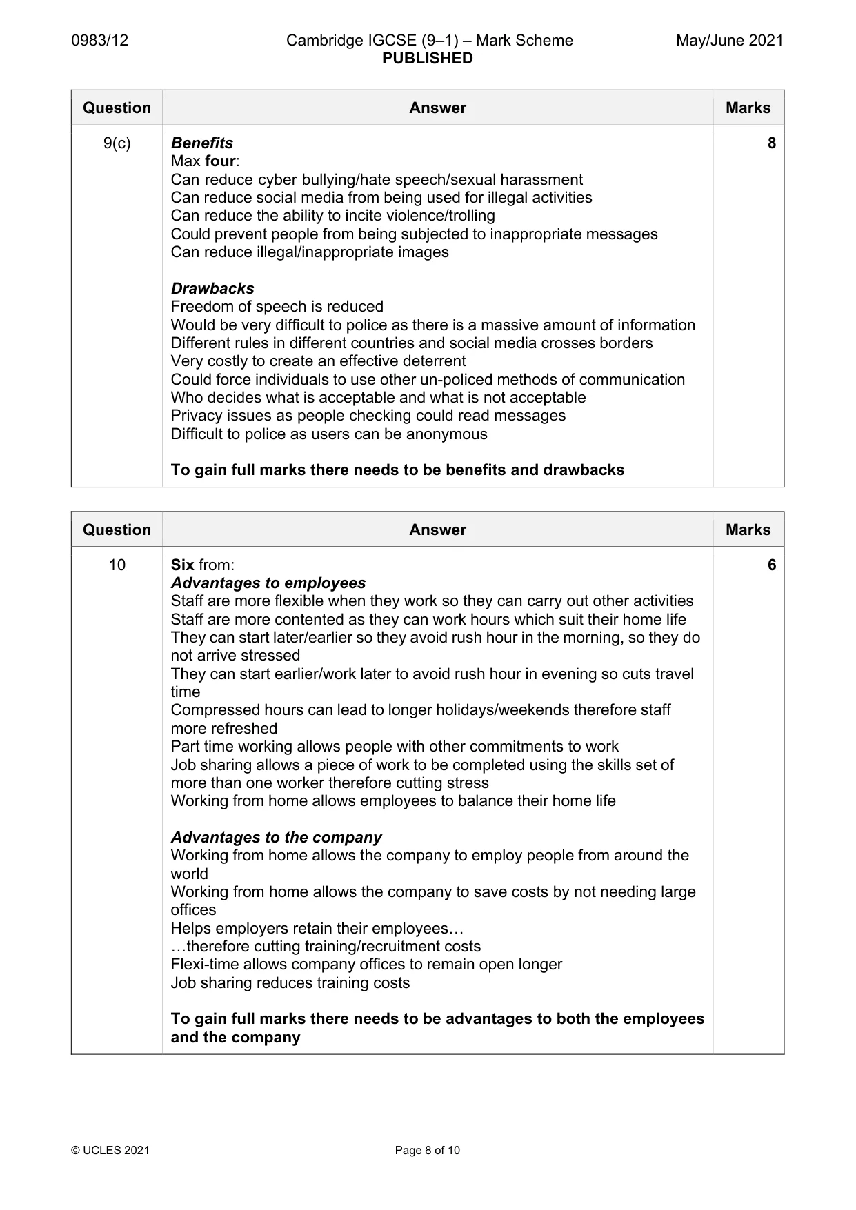 Mark scheme, page 8 of 10