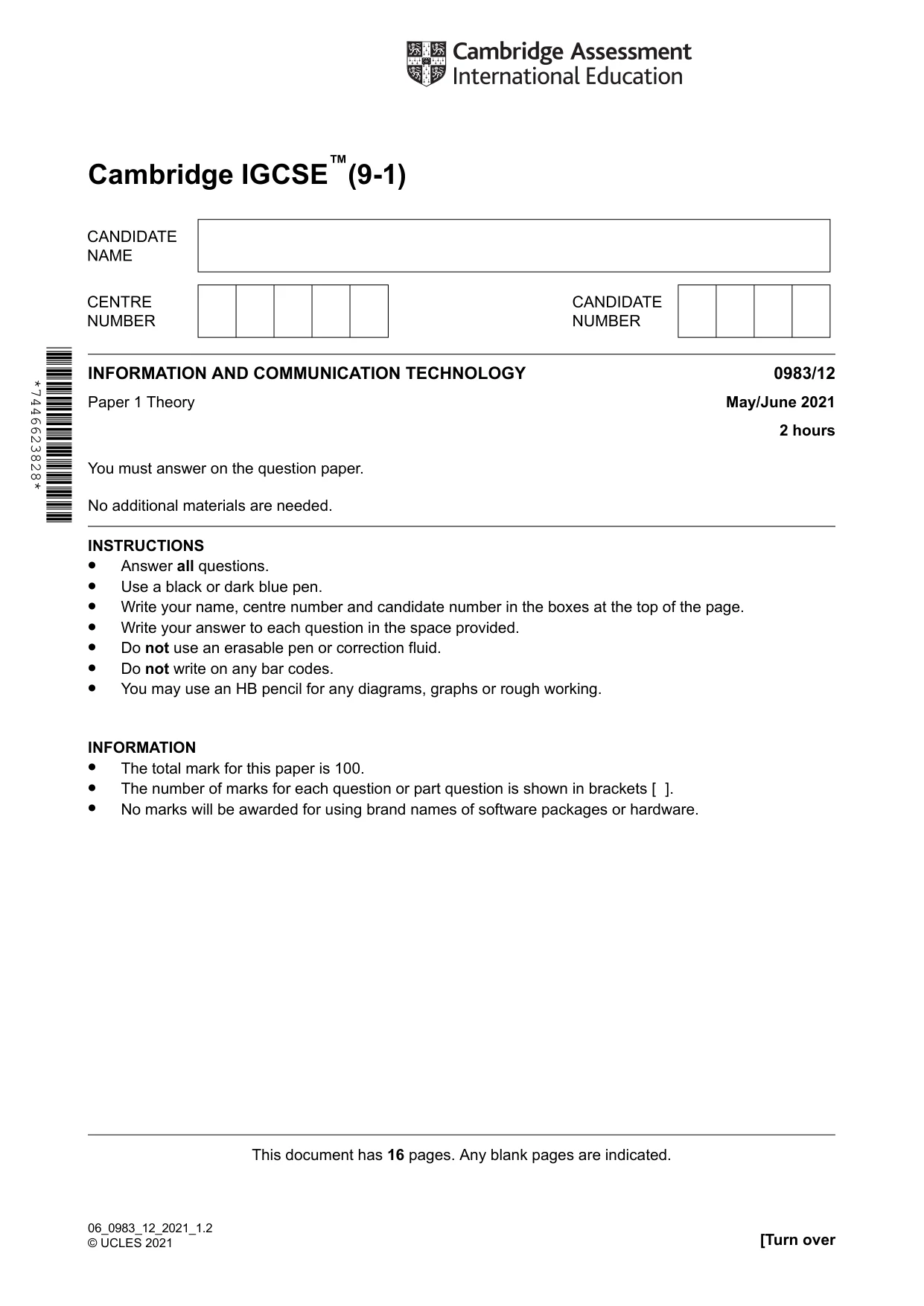 Cambridge IGCSE Information and Communication Technology (9-1) 0983 2021 May/June Paper 1 · Variant 2 question paper, page 1 of 16