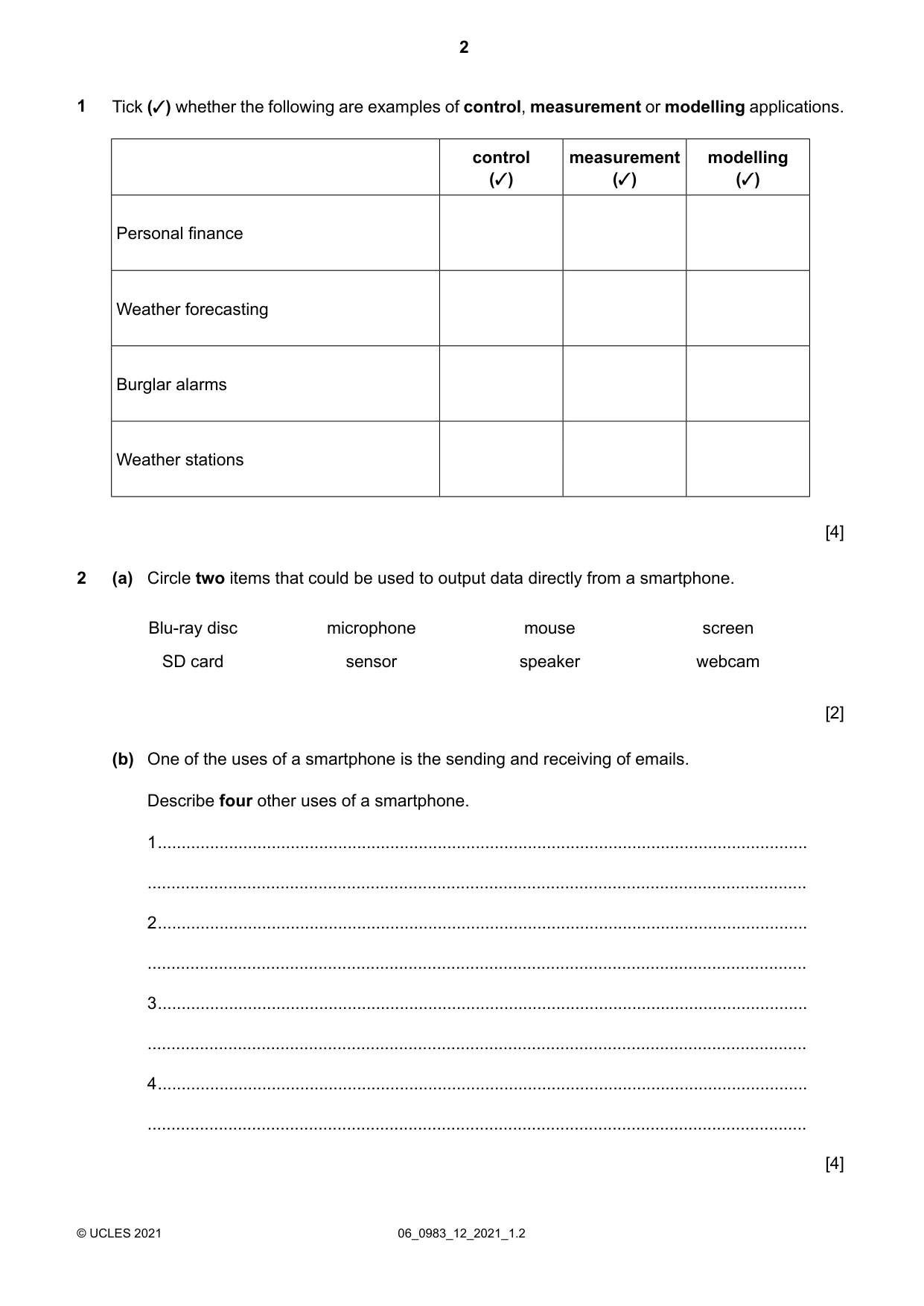 Cambridge IGCSE Information and Communication Technology (9-1) 0983 2021 May/June Paper 1 · Variant 2 question paper, page 2 of 16