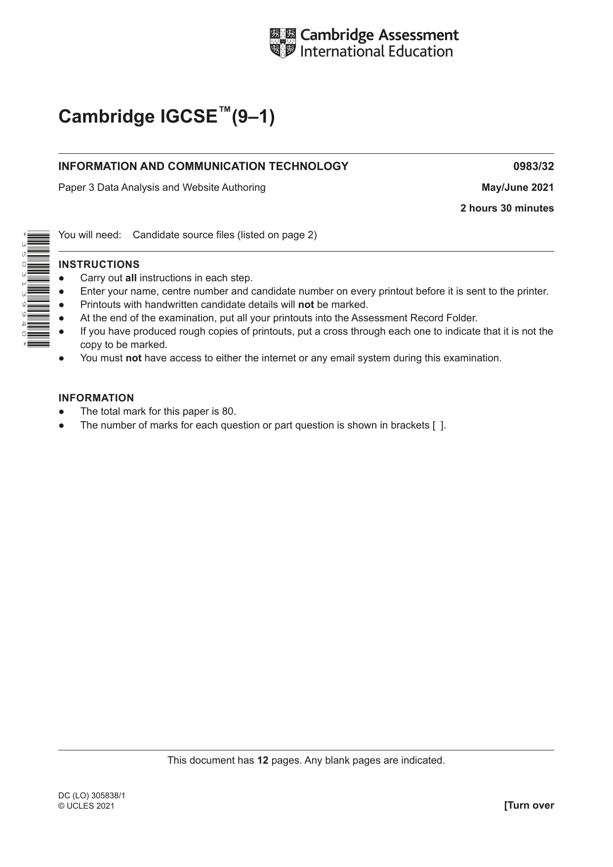 Cambridge IGCSE Information and Communication Technology (9-1) 0983 2021 May/June Paper 3 · Variant 2 question paper, page 1 of 12