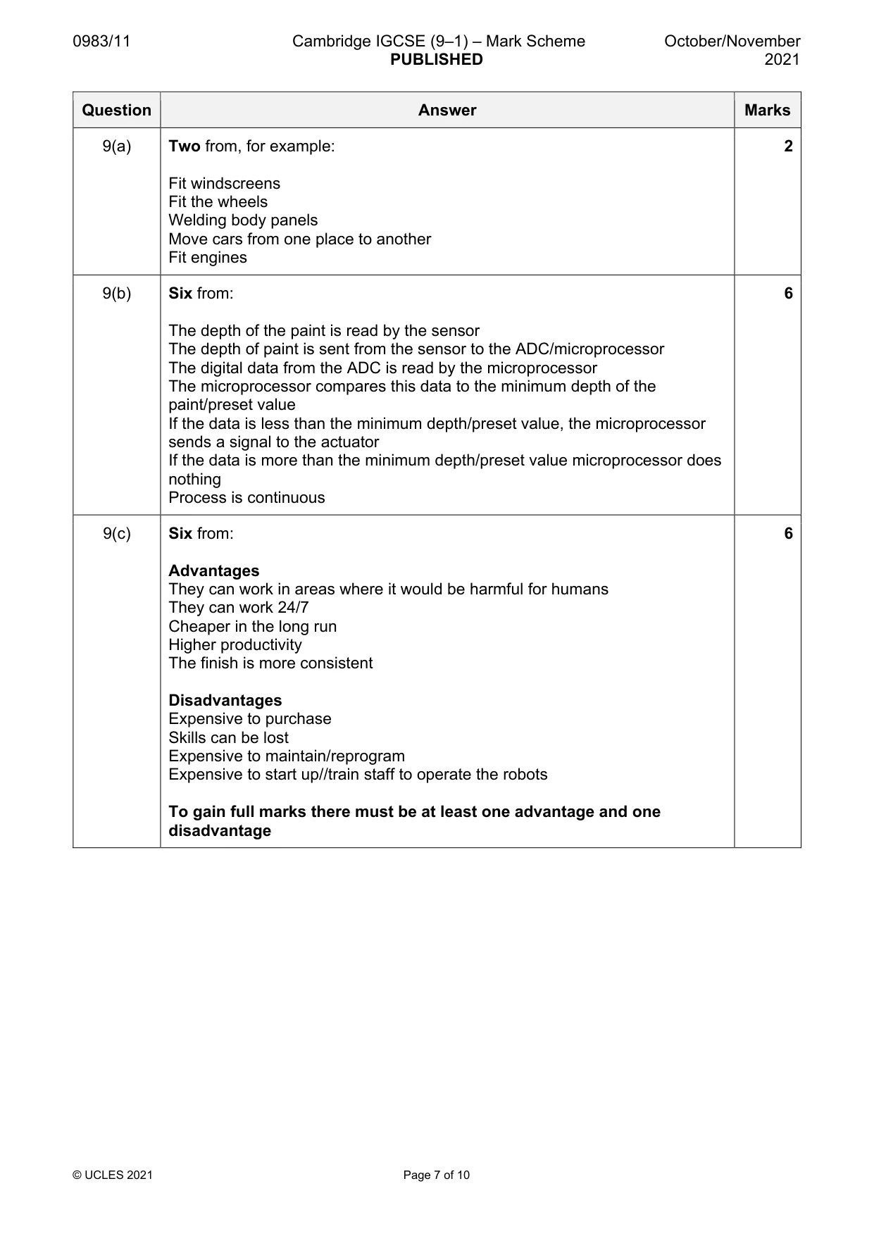 Mark scheme, page 7 of 10