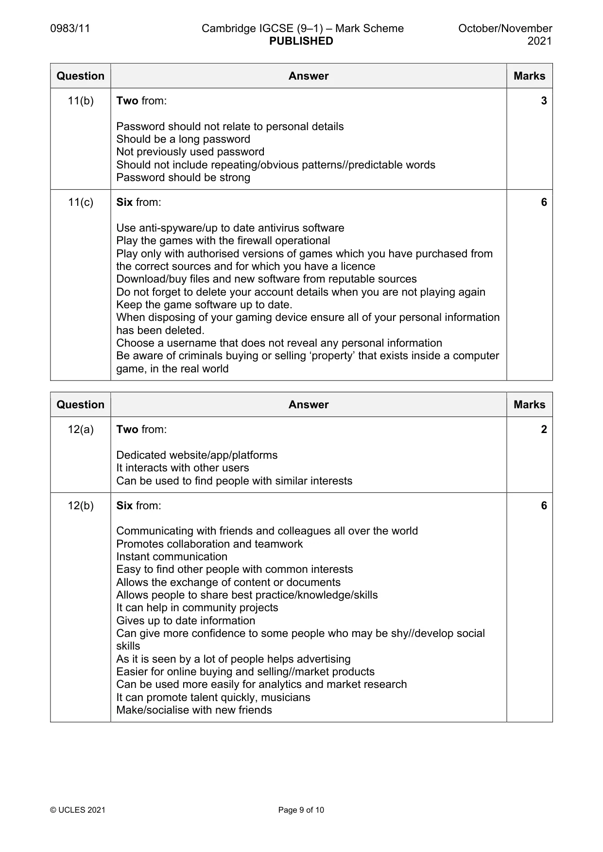 Mark scheme, page 9 of 10