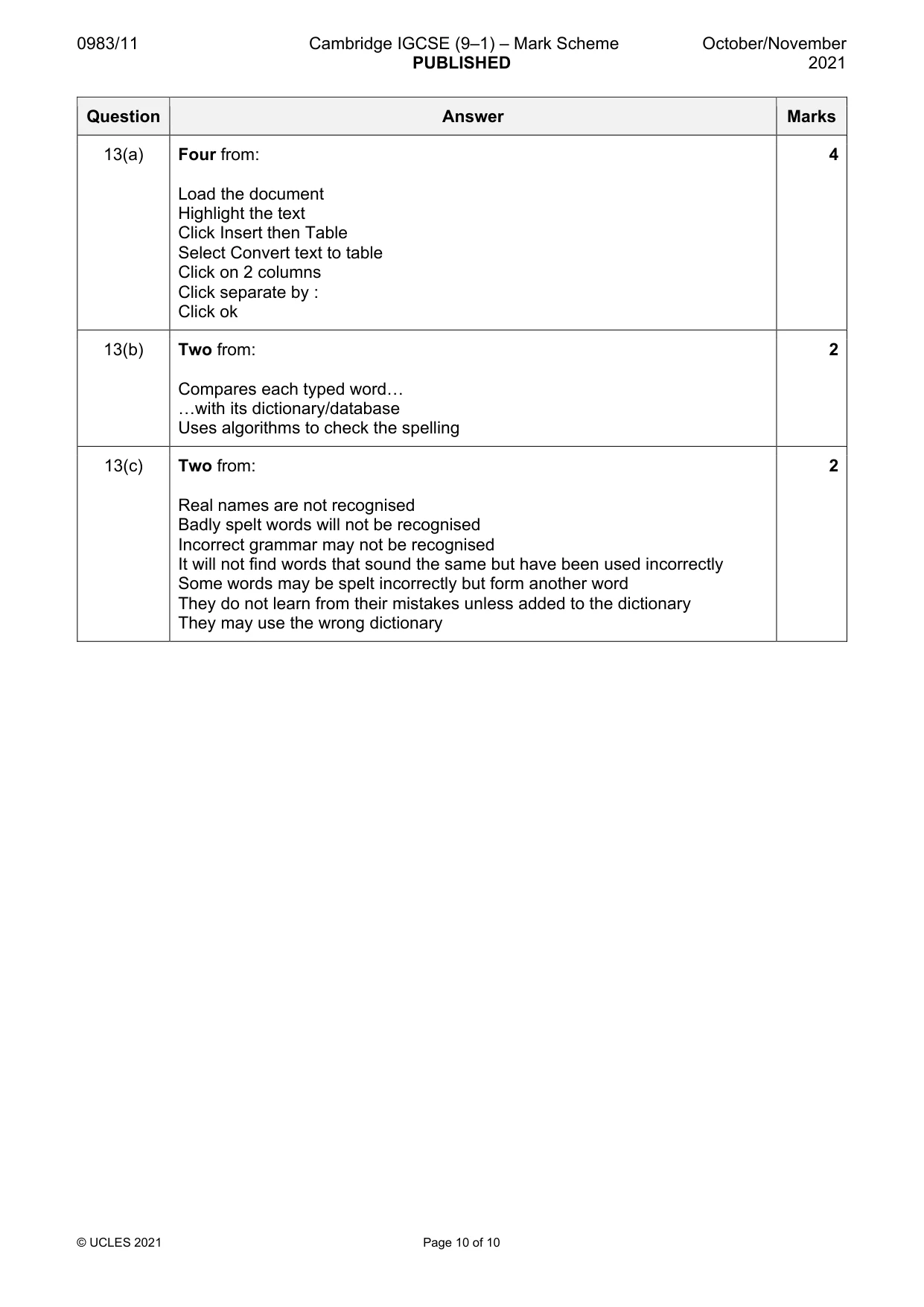 Mark scheme, page 10 of 10