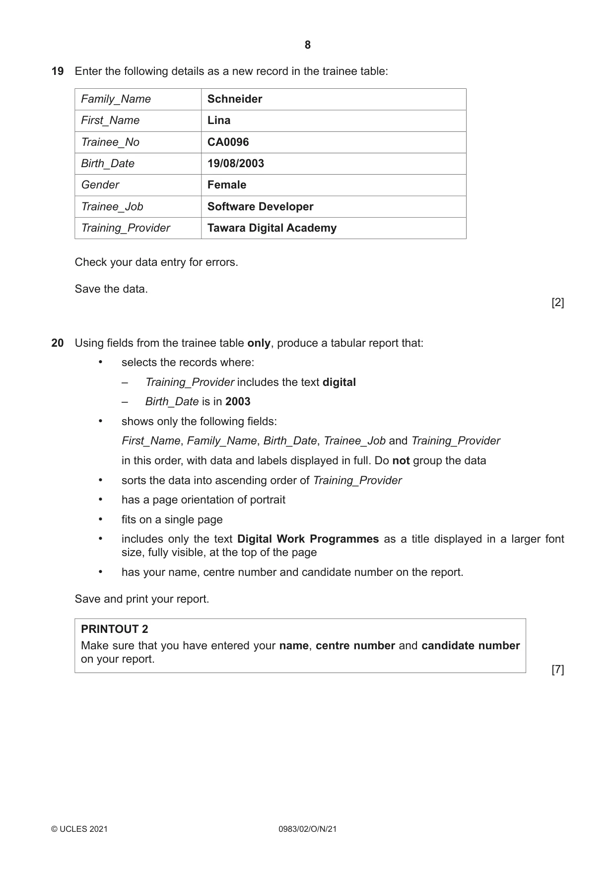 Cambridge IGCSE Information and Communication Technology (9-1) 0983 2021 Oct/Nov Paper 2 · Variant 0 question paper, page 8 of 12