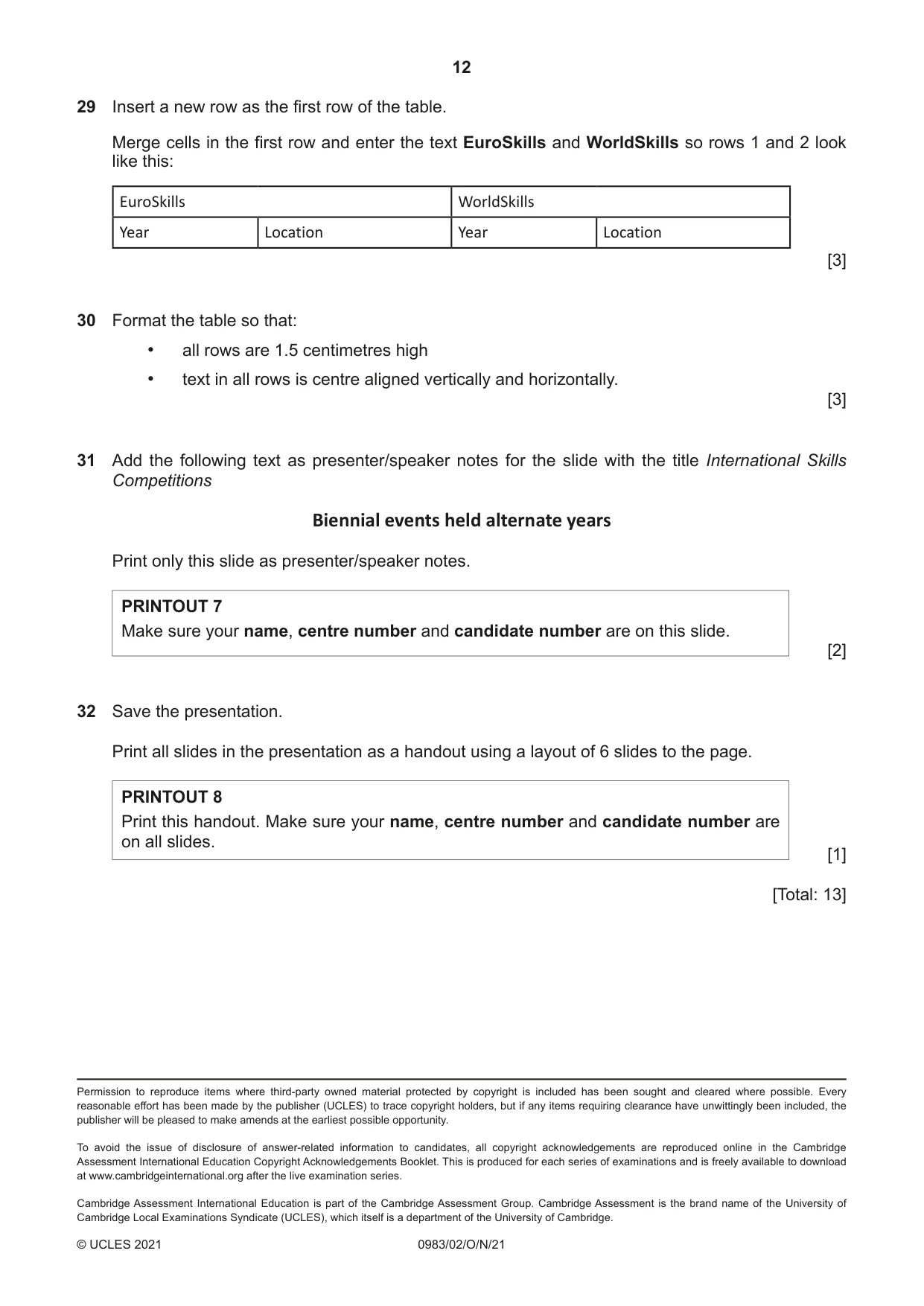 Cambridge IGCSE Information and Communication Technology (9-1) 0983 2021 Oct/Nov Paper 2 · Variant 0 question paper, page 12 of 12