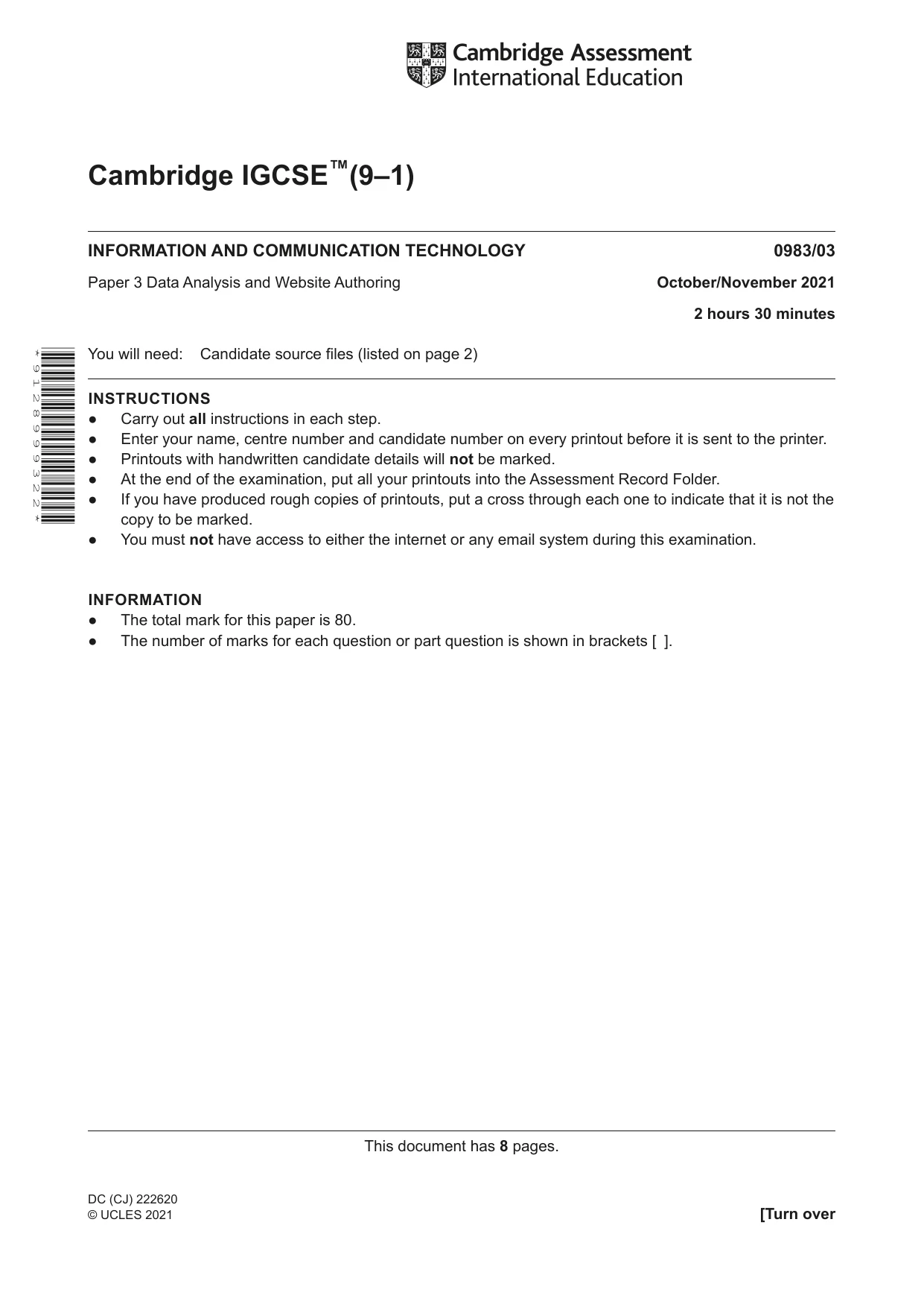 Cambridge IGCSE Information and Communication Technology (9-1) 0983 2021 Oct/Nov Paper 3 · Variant 0 question paper, page 1 of 8