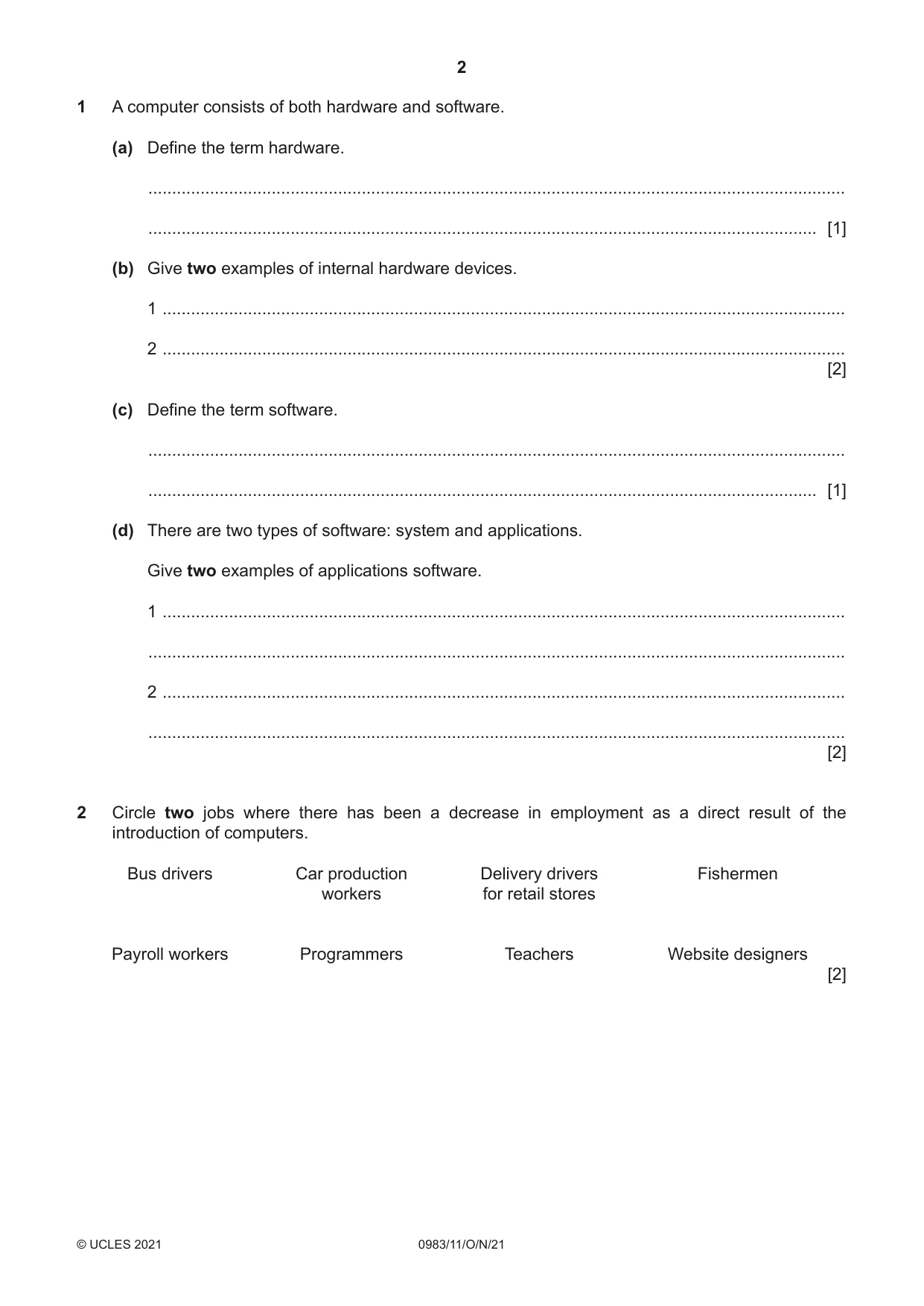 Cambridge IGCSE Information and Communication Technology (9-1) 0983 2021 Oct/Nov Paper 1 · Variant 1 question paper, page 2 of 16