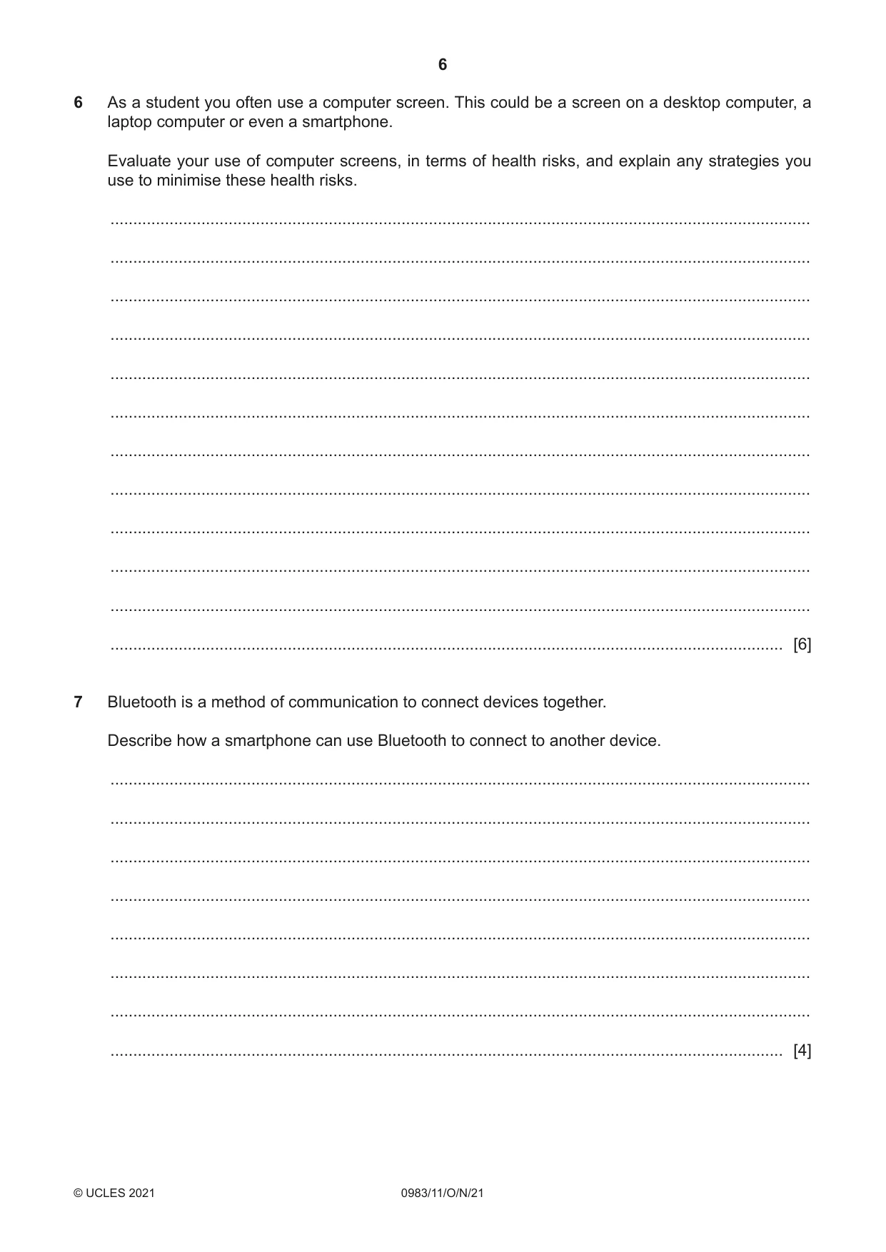 Cambridge IGCSE Information and Communication Technology (9-1) 0983 2021 Oct/Nov Paper 1 · Variant 1 question paper, page 6 of 16