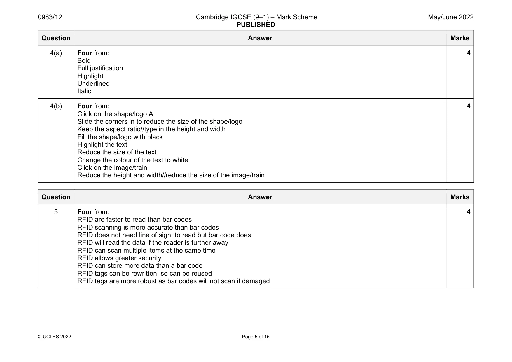 Mark scheme, page 5 of 15
