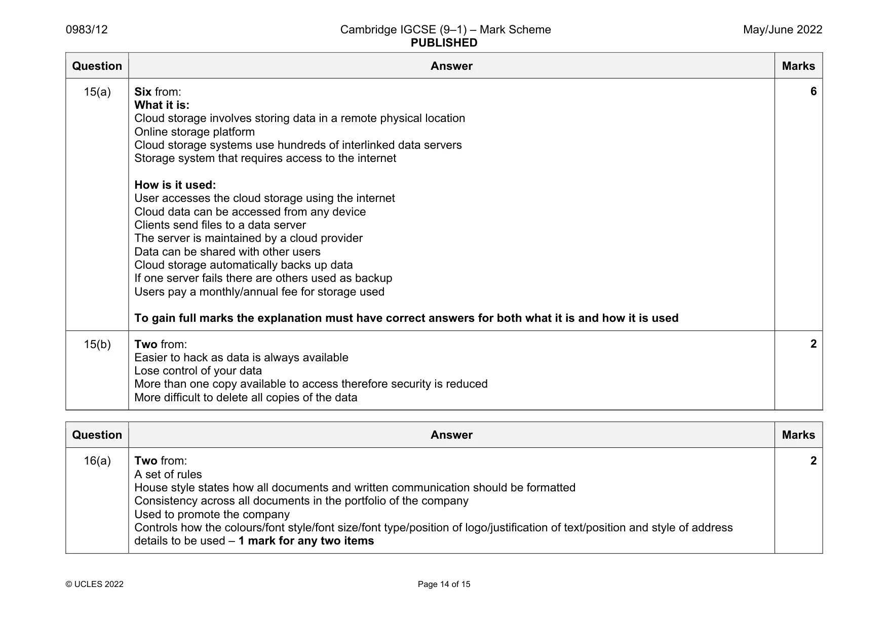 Mark scheme, page 14 of 15