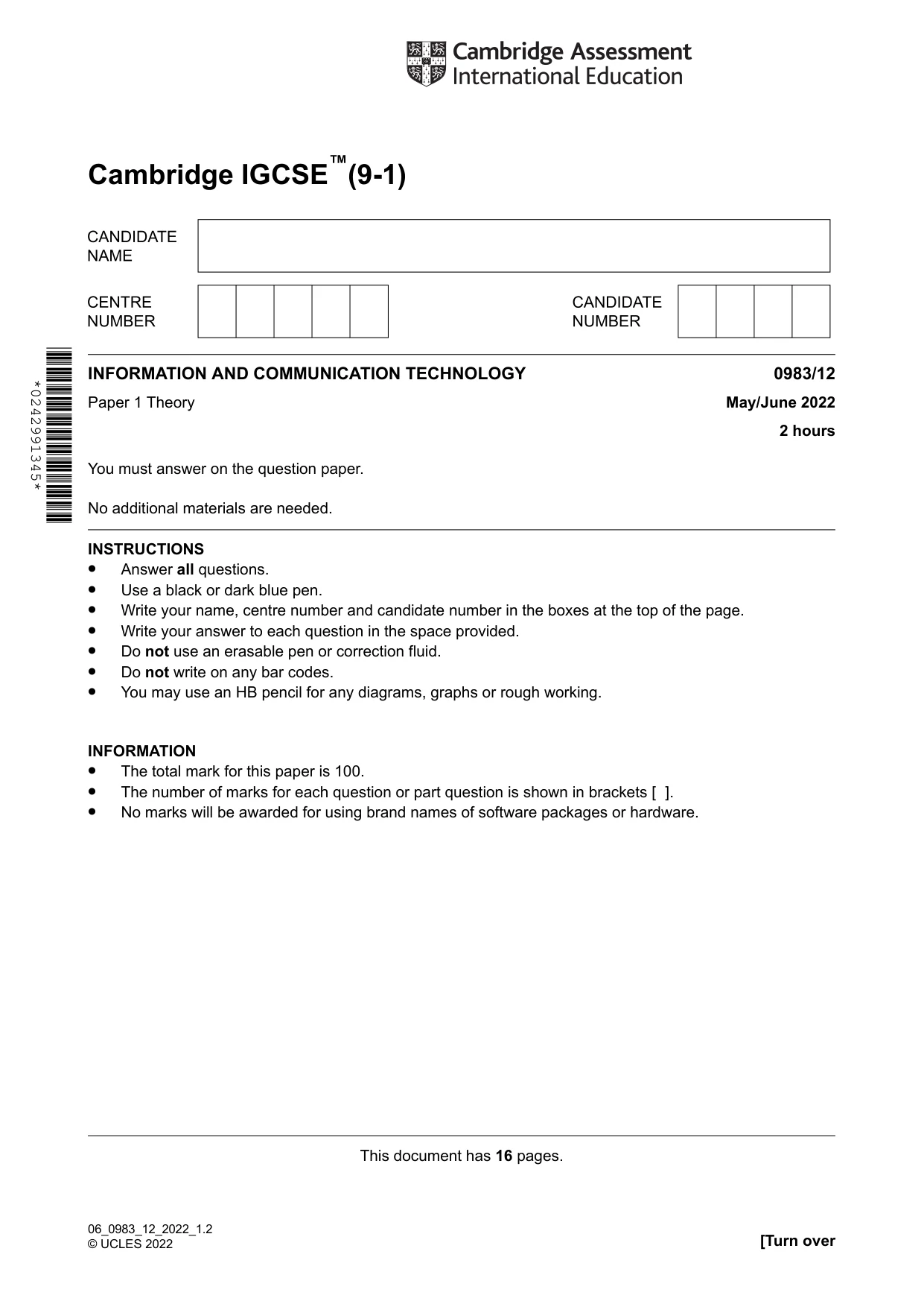 Cambridge IGCSE Information and Communication Technology (9-1) 0983 2022 May/June Paper 1 · Variant 2 question paper, page 1 of 16
