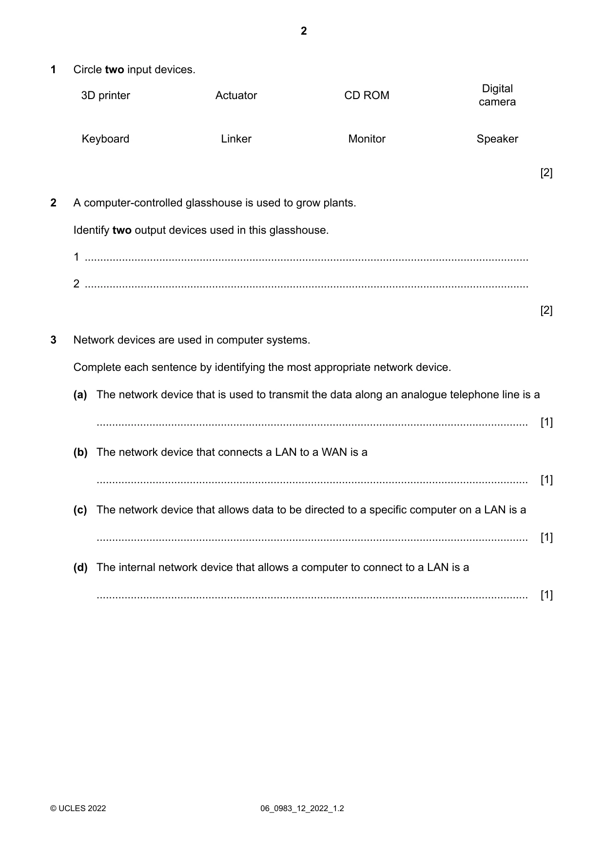 Cambridge IGCSE Information and Communication Technology (9-1) 0983 2022 May/June Paper 1 · Variant 2 question paper, page 2 of 16