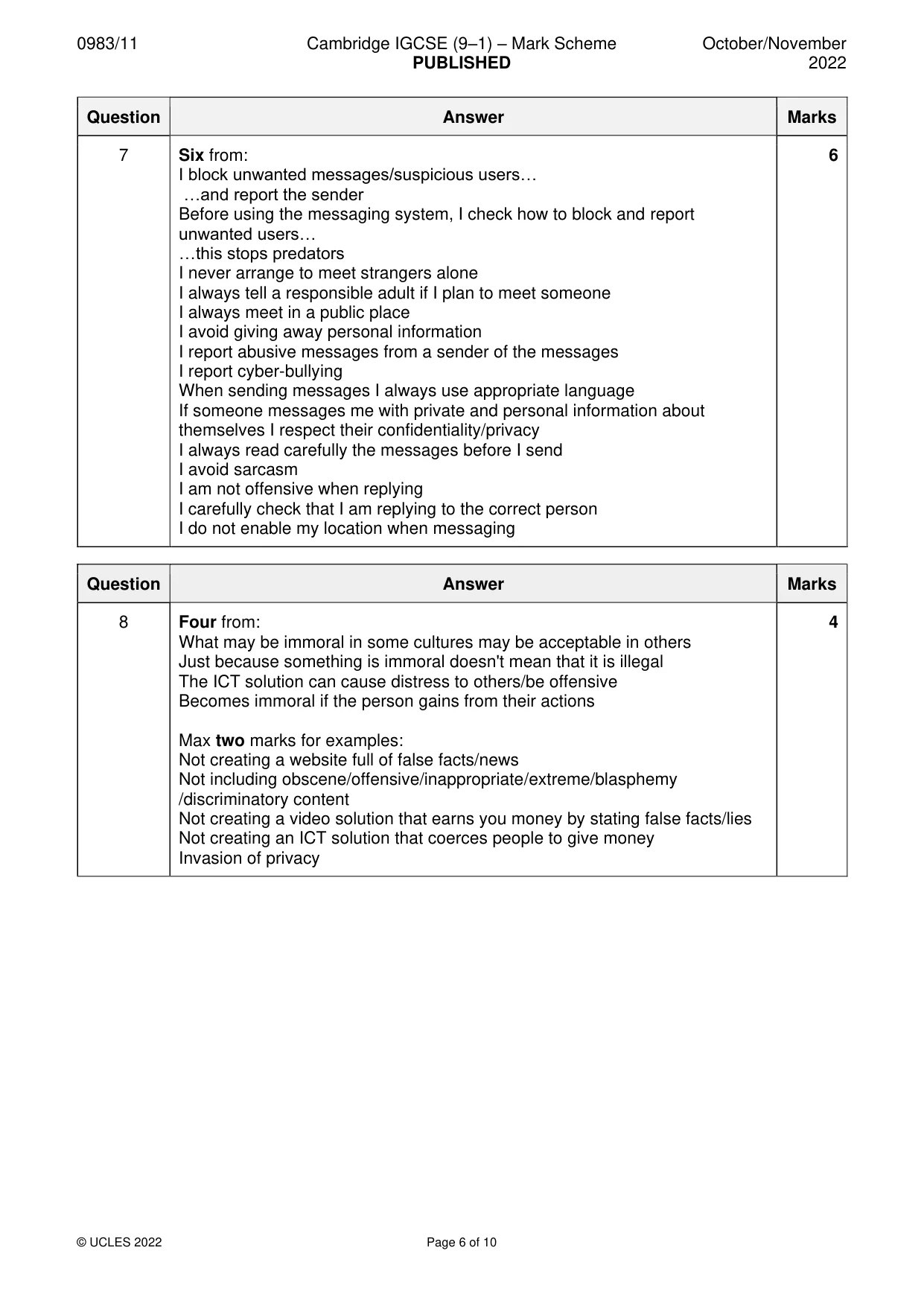 Mark scheme, page 6 of 10