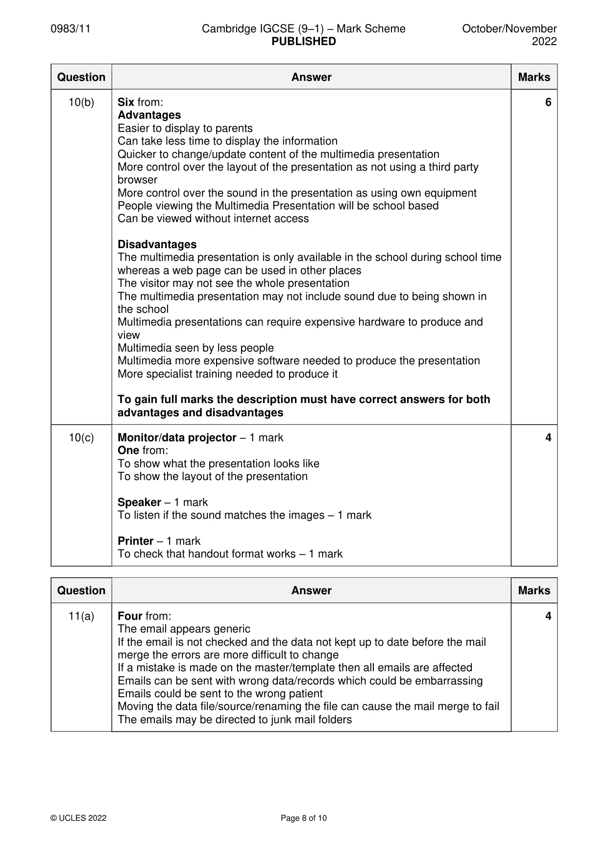 Mark scheme, page 8 of 10
