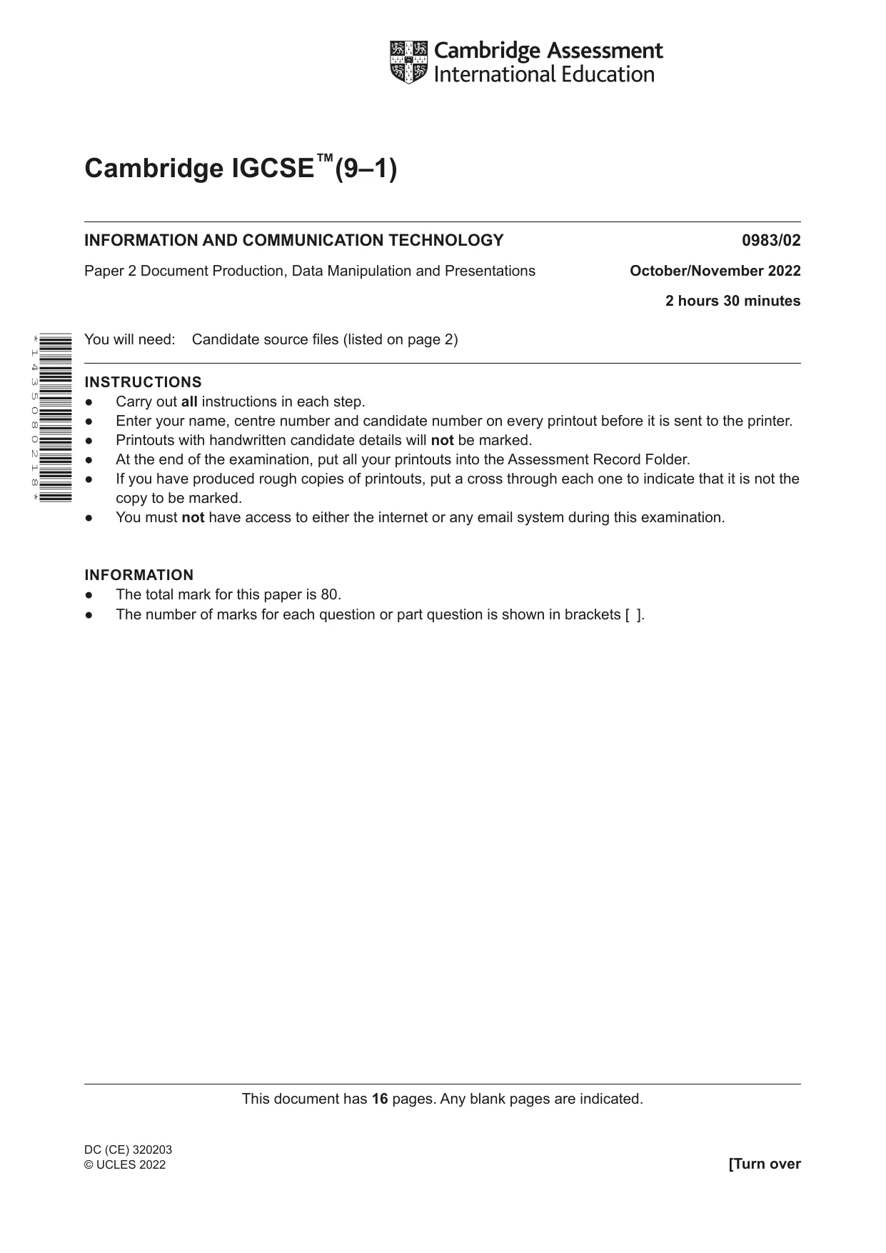 Cambridge IGCSE Information and Communication Technology (9-1) 0983 2022 Oct/Nov Paper 2 · Variant 0 question paper, page 1 of 16