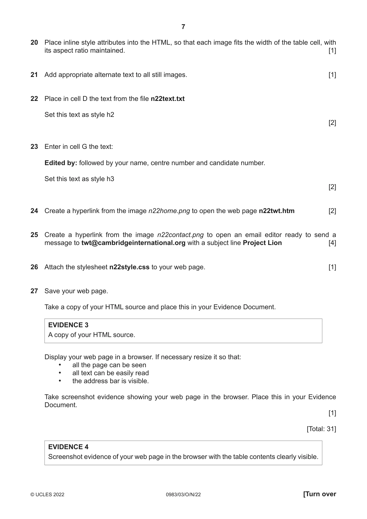 Cambridge IGCSE Information and Communication Technology (9-1) 0983 2022 Oct/Nov Paper 3 · Variant 0 question paper, page 7 of 8