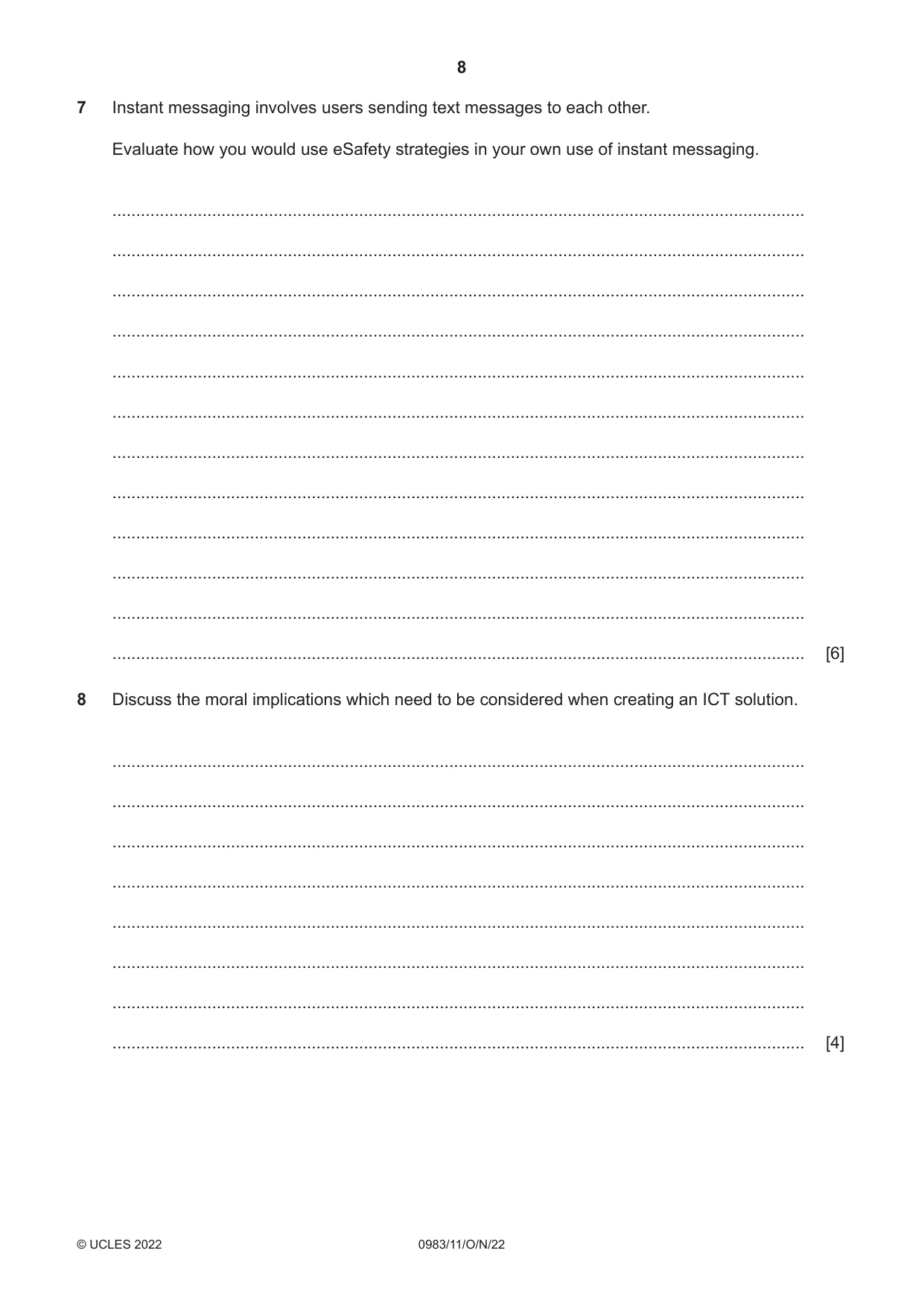 Cambridge IGCSE Information and Communication Technology (9-1) 0983 2022 Oct/Nov Paper 1 · Variant 1 question paper, page 8 of 16