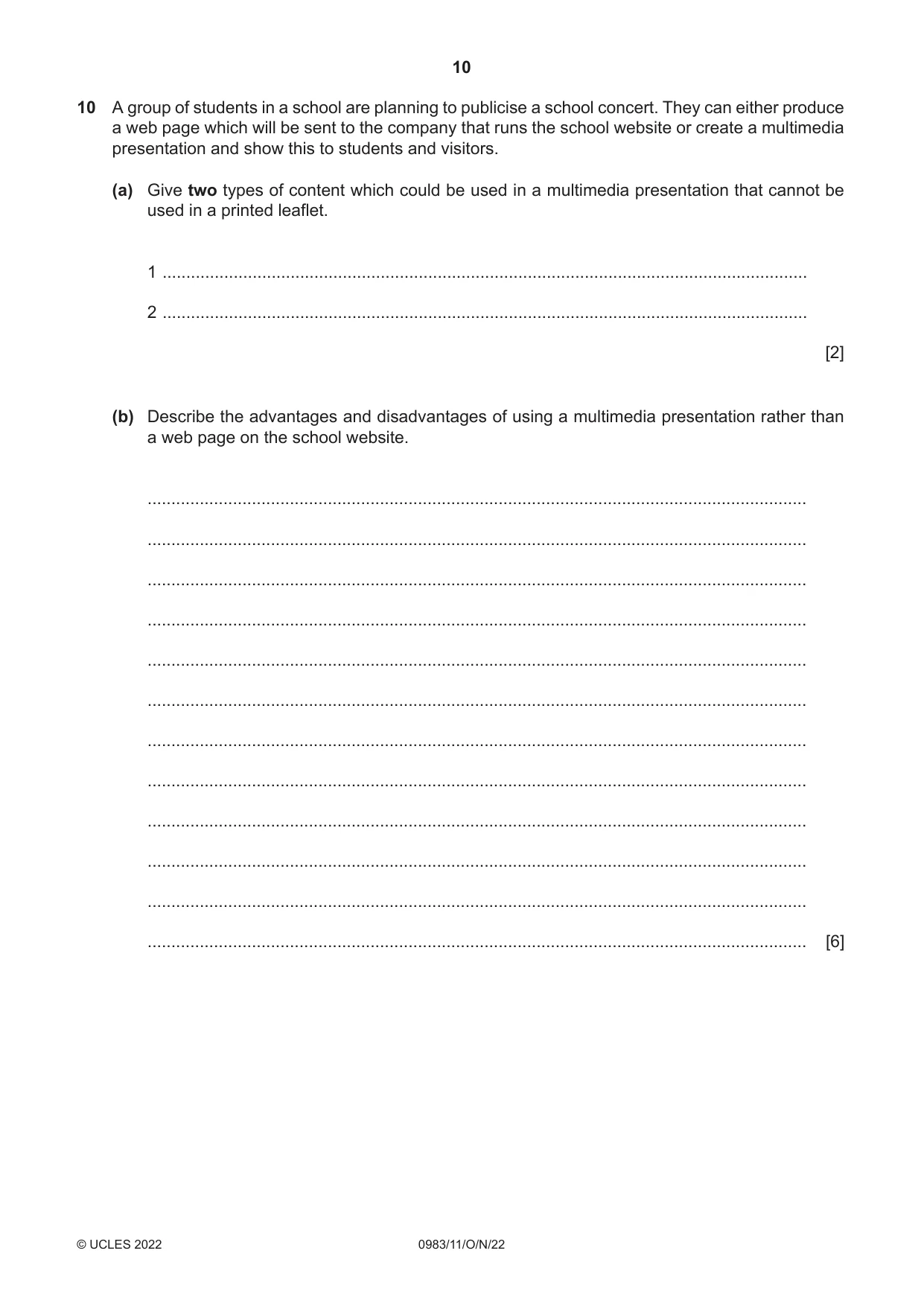 Cambridge IGCSE Information and Communication Technology (9-1) 0983 2022 Oct/Nov Paper 1 · Variant 1 question paper, page 10 of 16