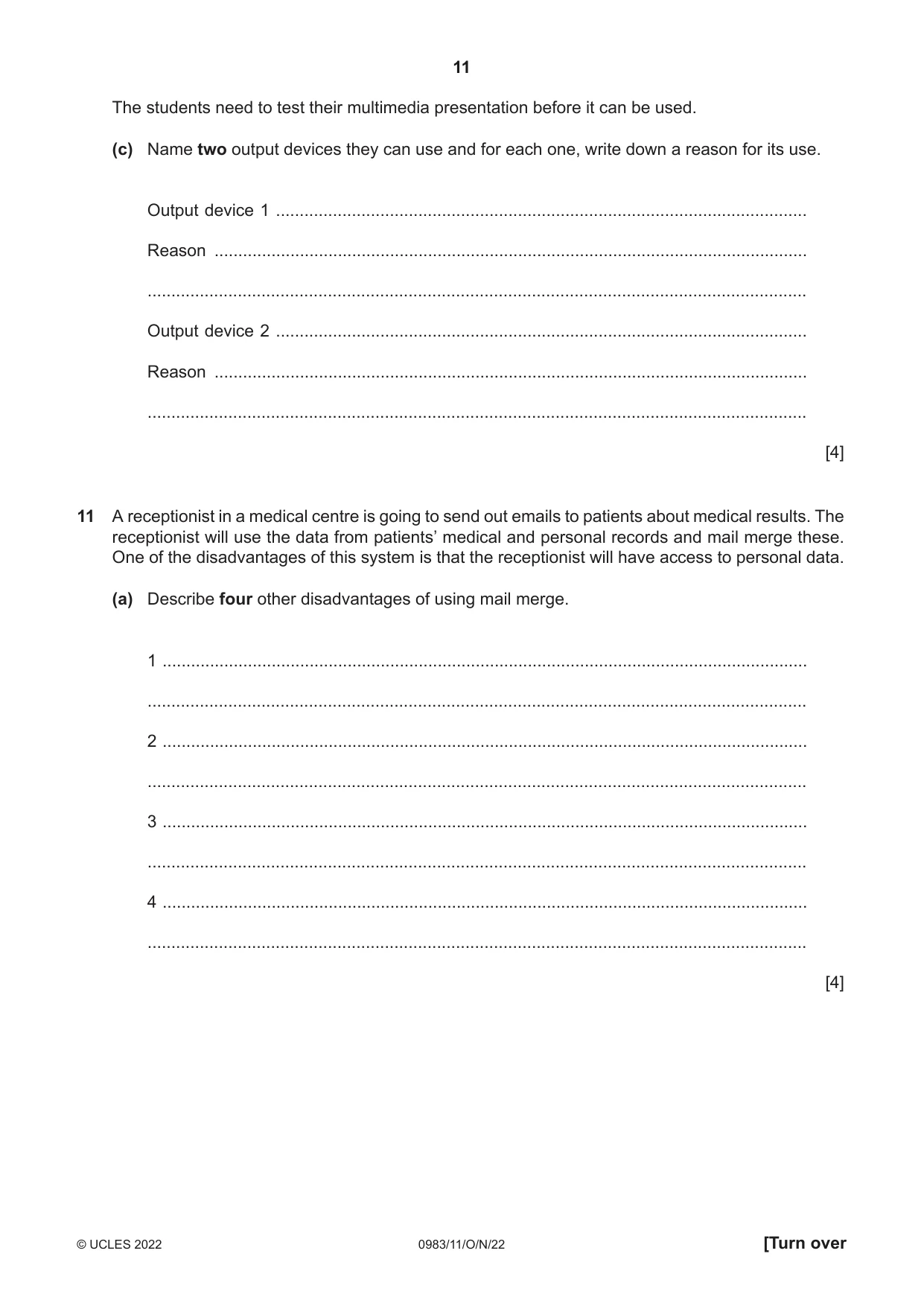 Cambridge IGCSE Information and Communication Technology (9-1) 0983 2022 Oct/Nov Paper 1 · Variant 1 question paper, page 11 of 16