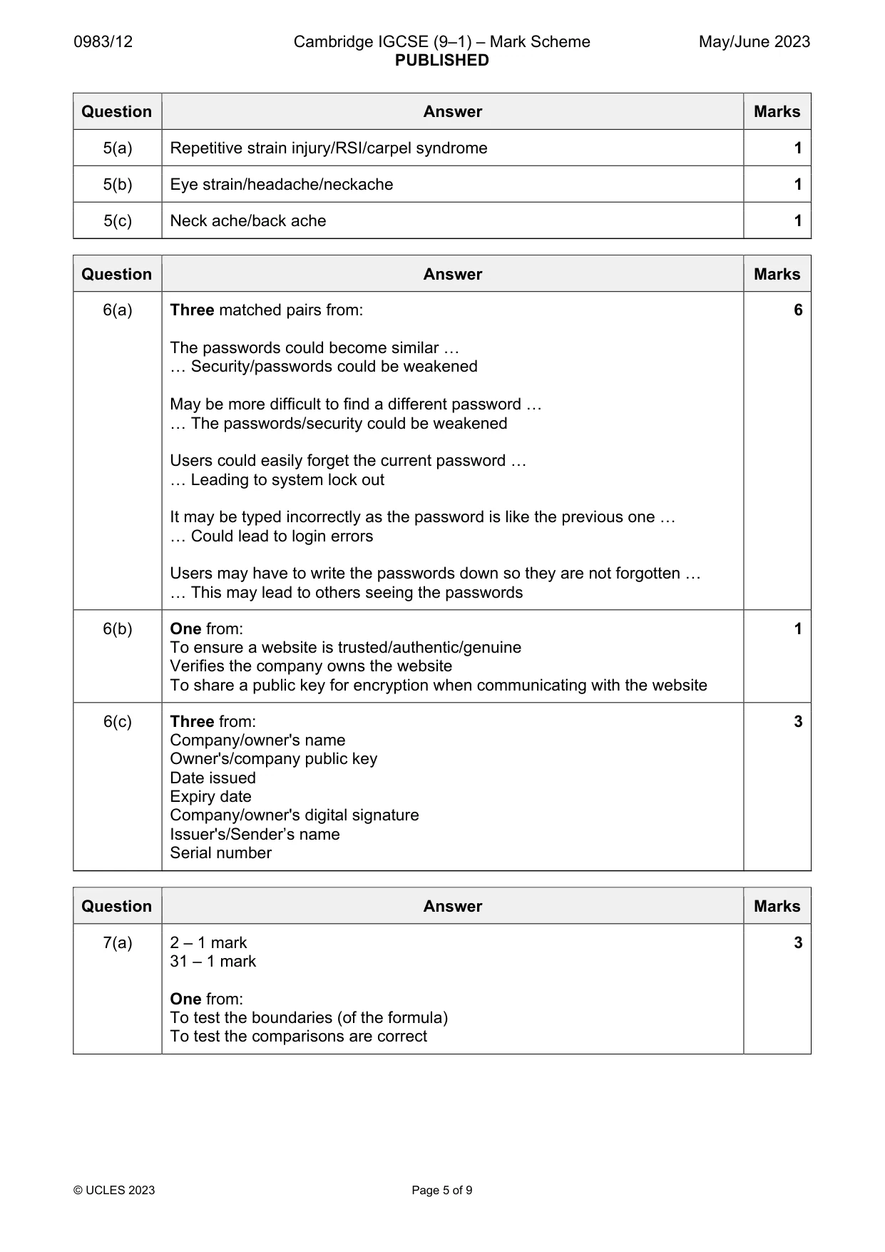 Mark scheme, page 5 of 9