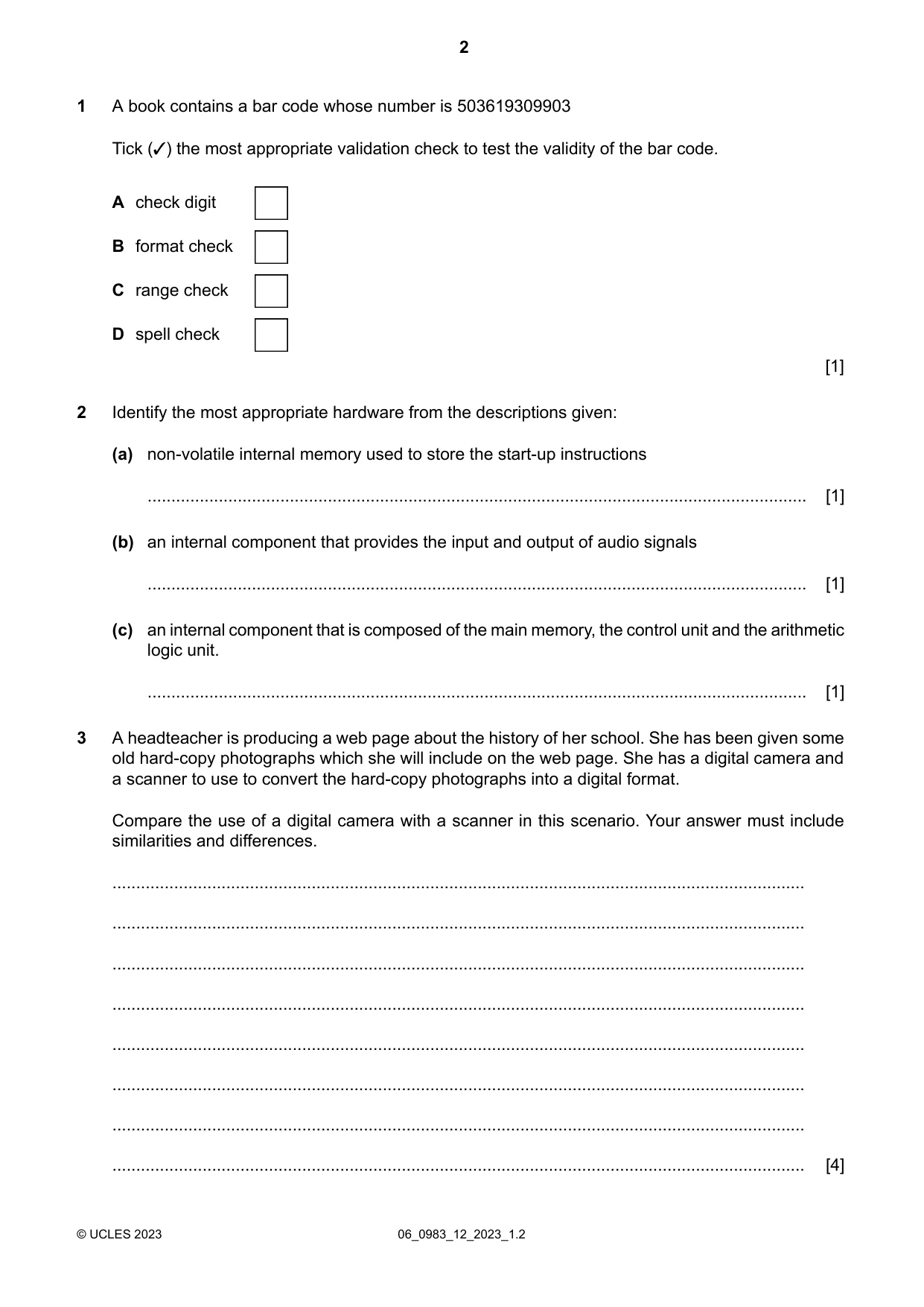 Cambridge IGCSE Information and Communication Technology (9-1) 0983 2023 May/June Paper 1 · Variant 2 question paper, page 2 of 12