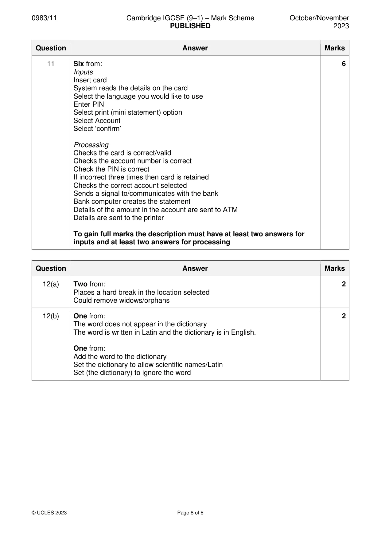 Mark scheme, page 8 of 8