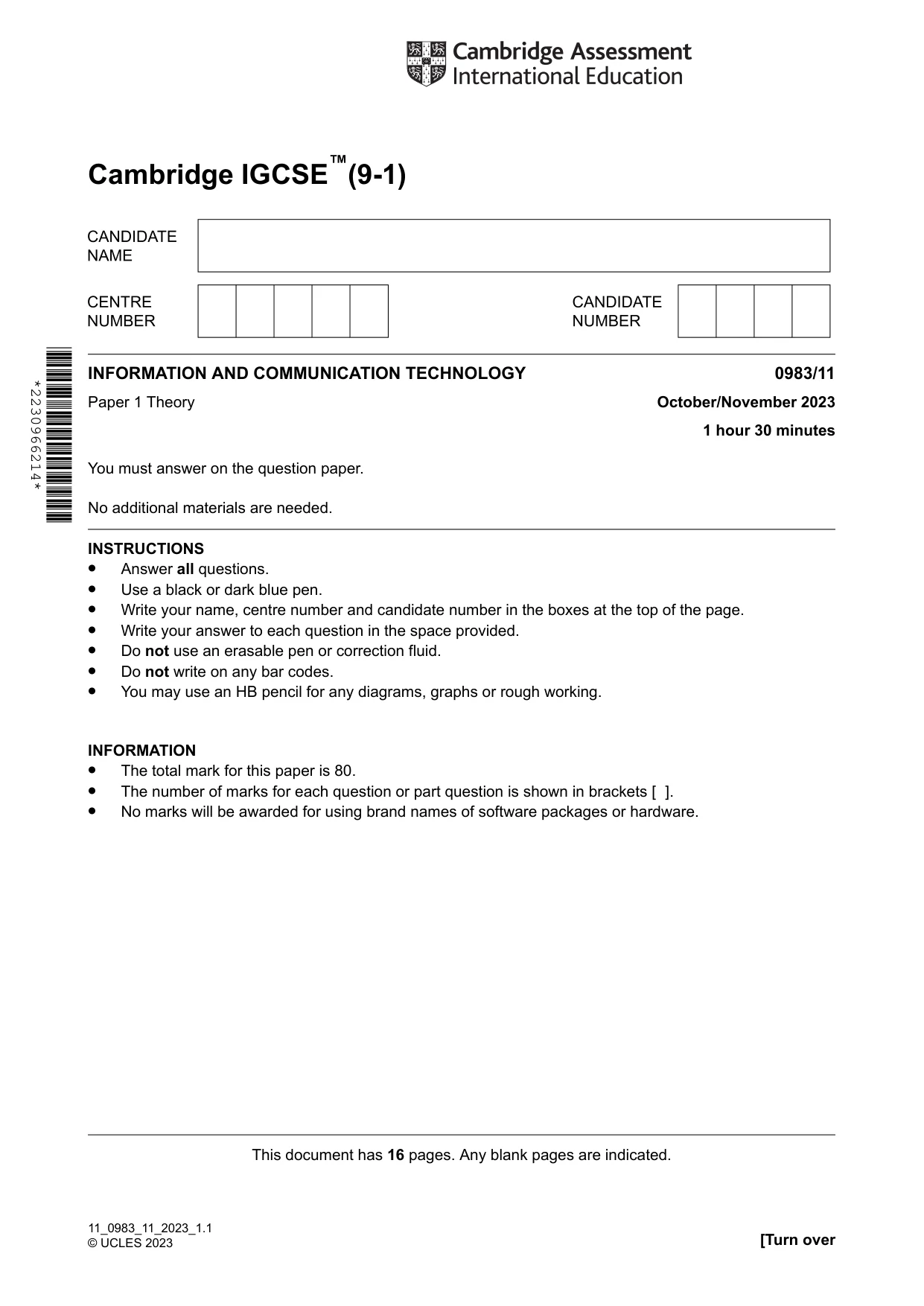 Cambridge IGCSE Information and Communication Technology (9-1) 0983 2023 Oct/Nov Paper 1 · Variant 1 question paper, page 1 of 16
