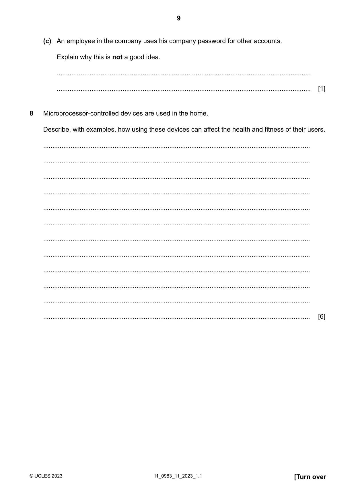 Cambridge IGCSE Information and Communication Technology (9-1) 0983 2023 Oct/Nov Paper 1 · Variant 1 question paper, page 9 of 16