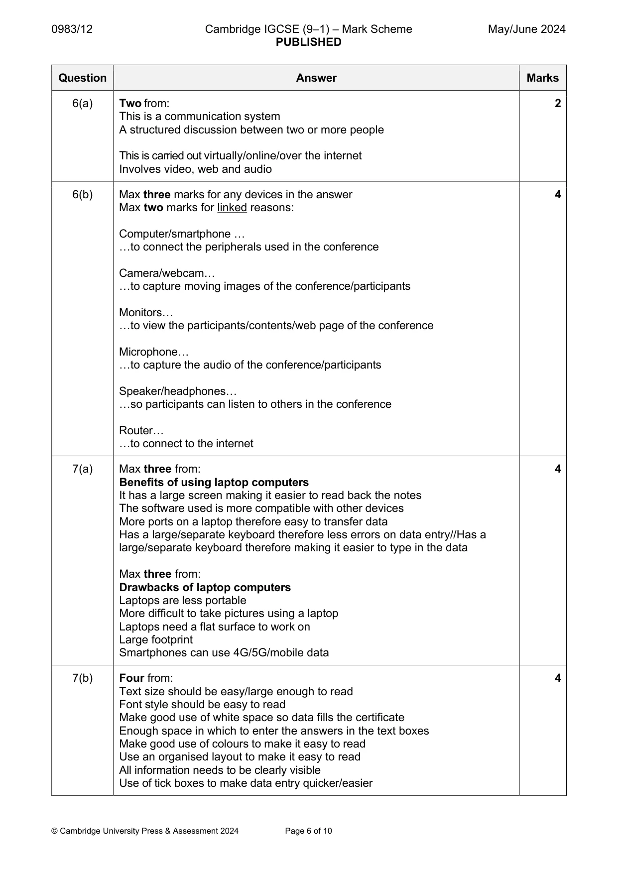Mark scheme, page 6 of 10