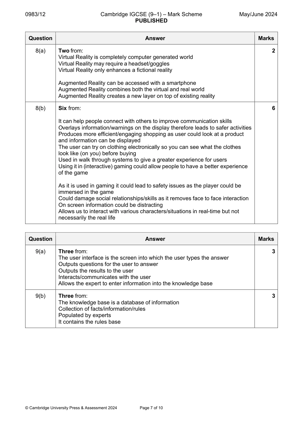 Mark scheme, page 7 of 10