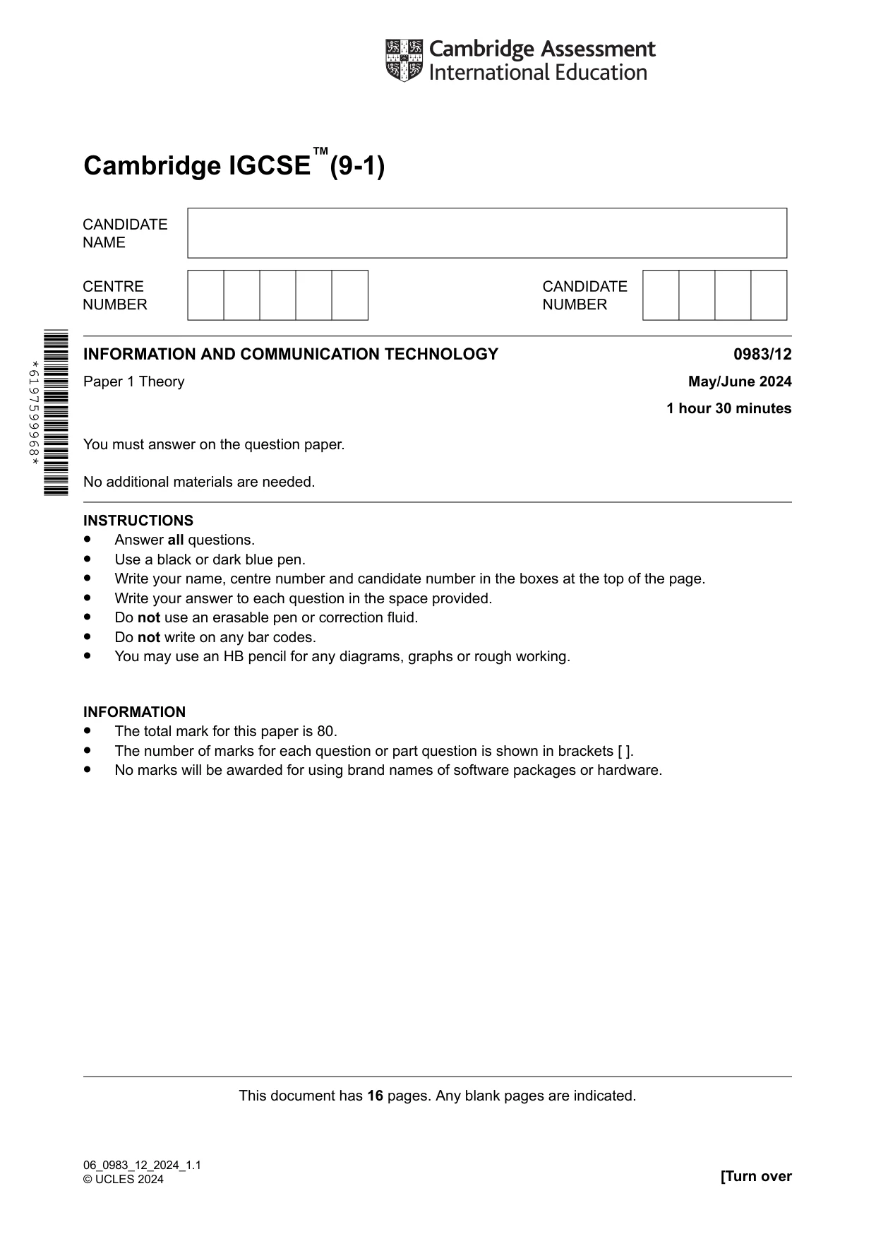 Cambridge IGCSE Information and Communication Technology (9-1) 0983 2024 May/June Paper 1 · Variant 2 question paper, page 1 of 16