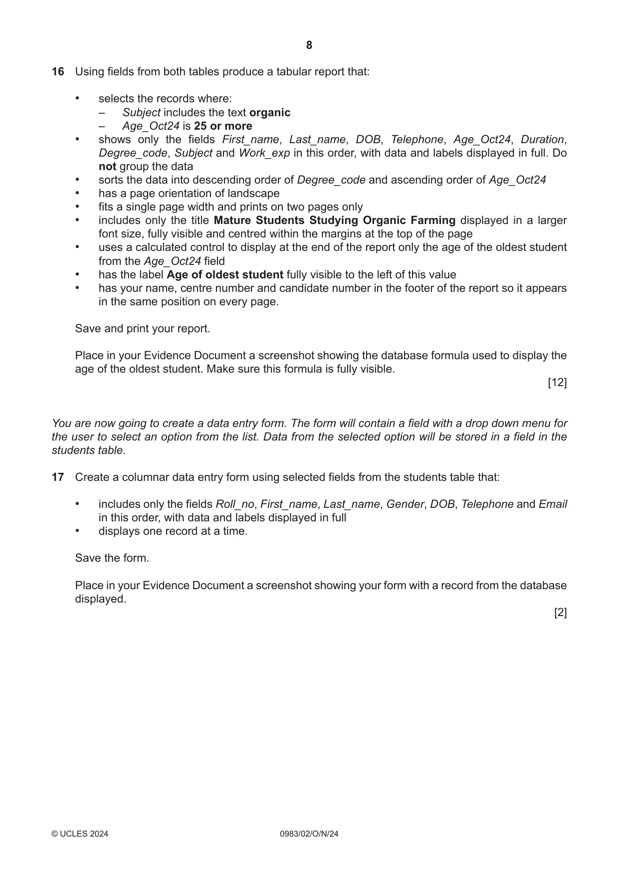 Cambridge IGCSE Information and Communication Technology (9-1) 0983 2024 Oct/Nov Paper 2 · Variant 0 question paper, page 8 of 12