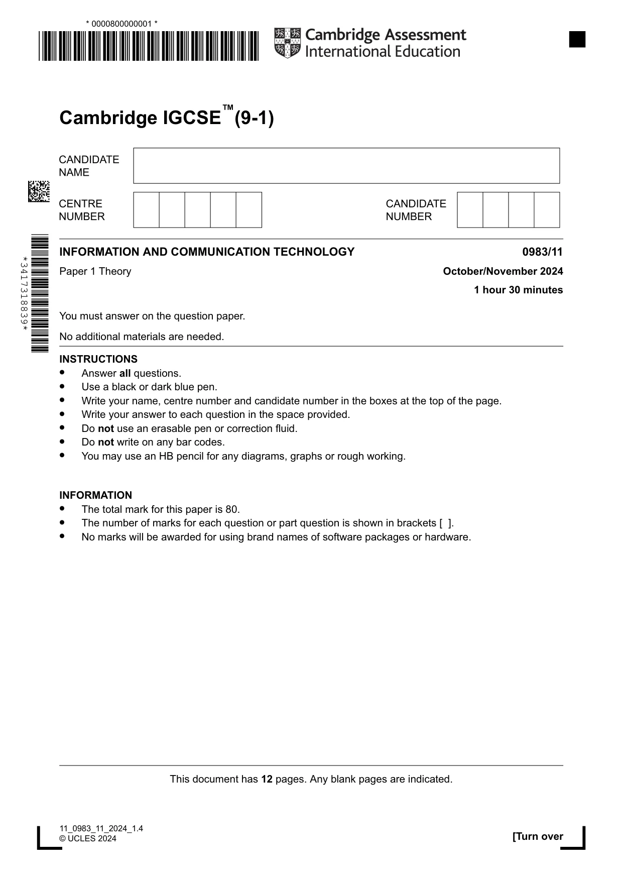 Cambridge IGCSE Information and Communication Technology (9-1) 0983 2024 Oct/Nov Paper 1 · Variant 1 question paper, page 1 of 12