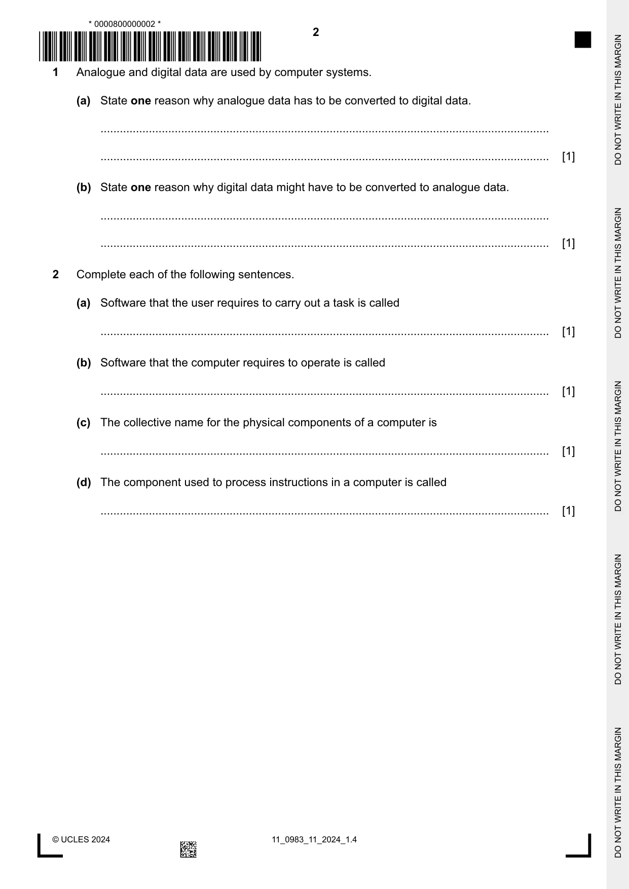 Cambridge IGCSE Information and Communication Technology (9-1) 0983 2024 Oct/Nov Paper 1 · Variant 1 question paper, page 2 of 12