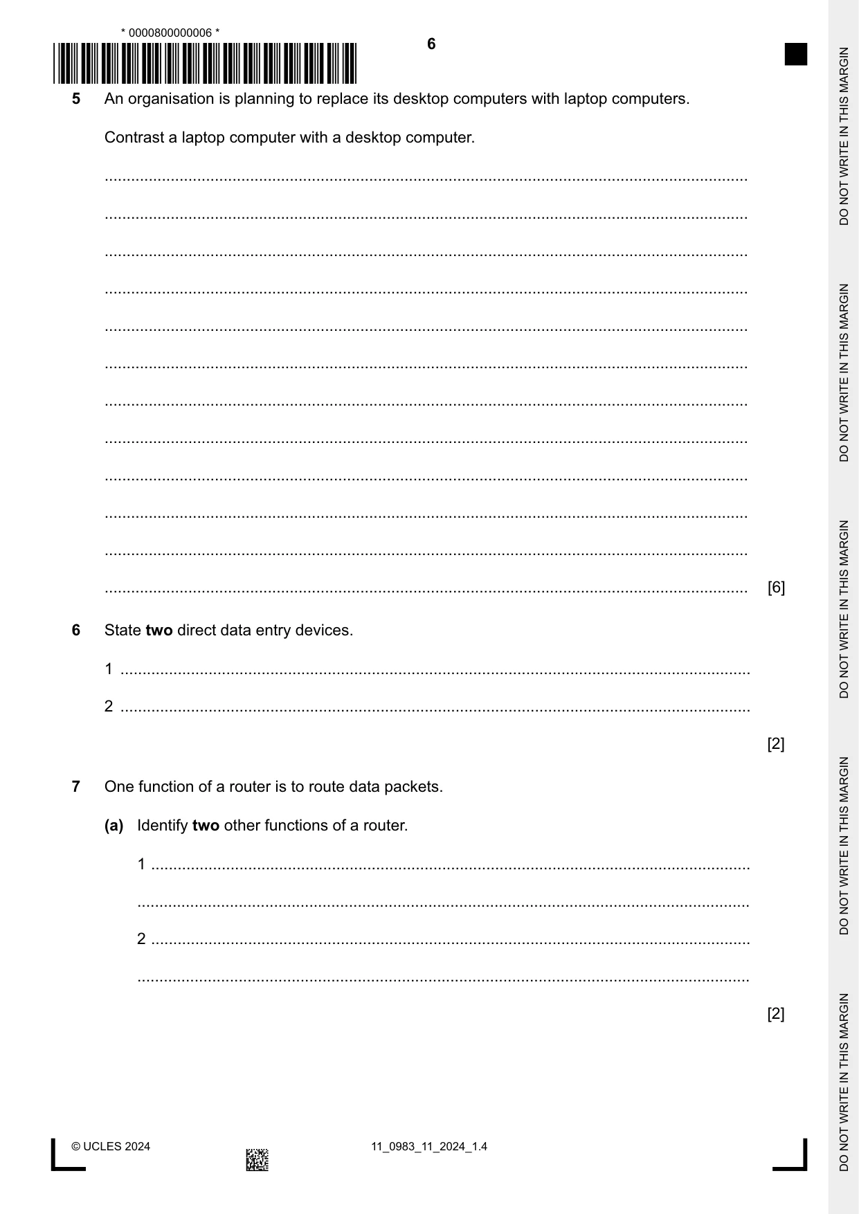Cambridge IGCSE Information and Communication Technology (9-1) 0983 2024 Oct/Nov Paper 1 · Variant 1 question paper, page 6 of 12