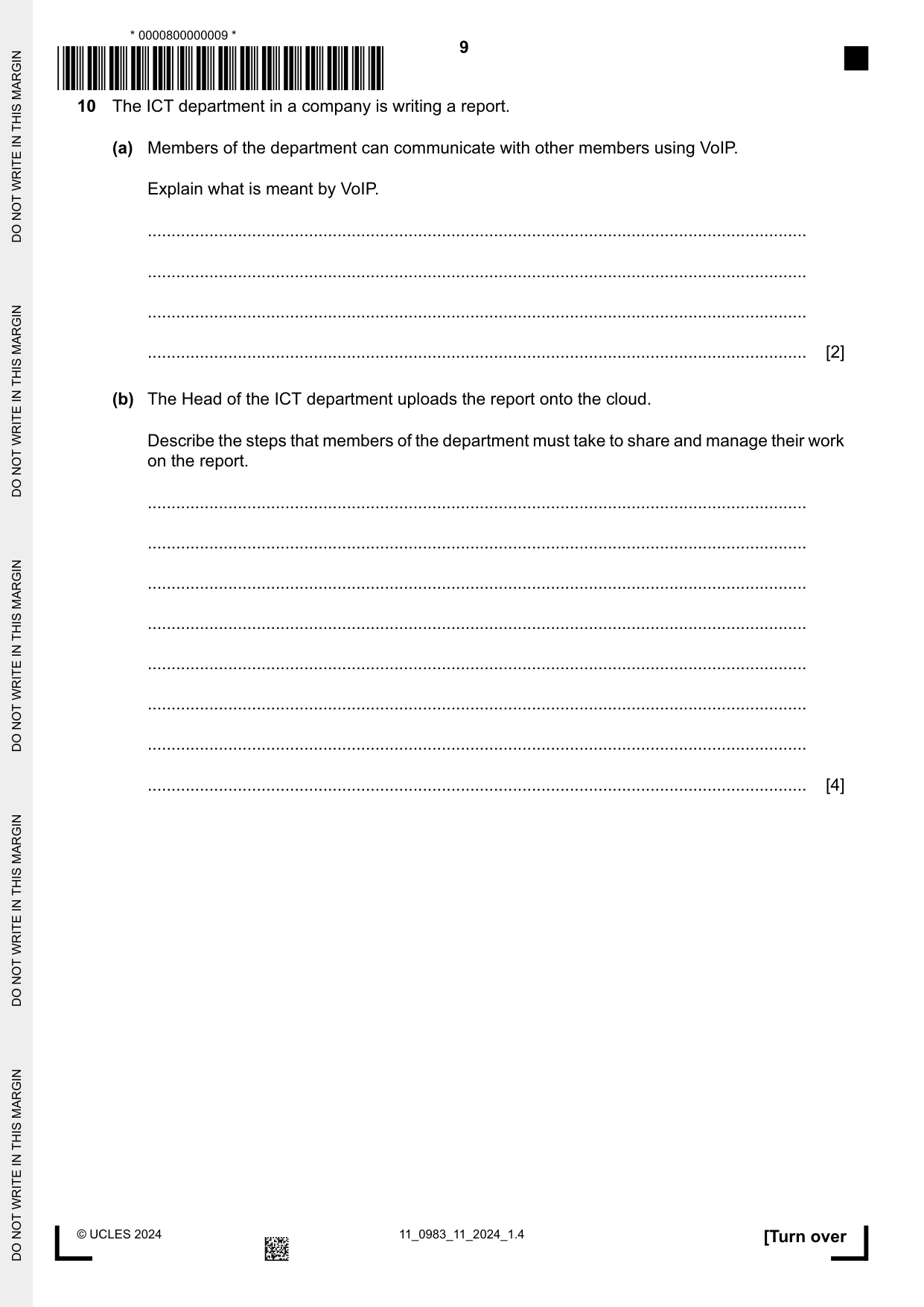 Cambridge IGCSE Information and Communication Technology (9-1) 0983 2024 Oct/Nov Paper 1 · Variant 1 question paper, page 9 of 12